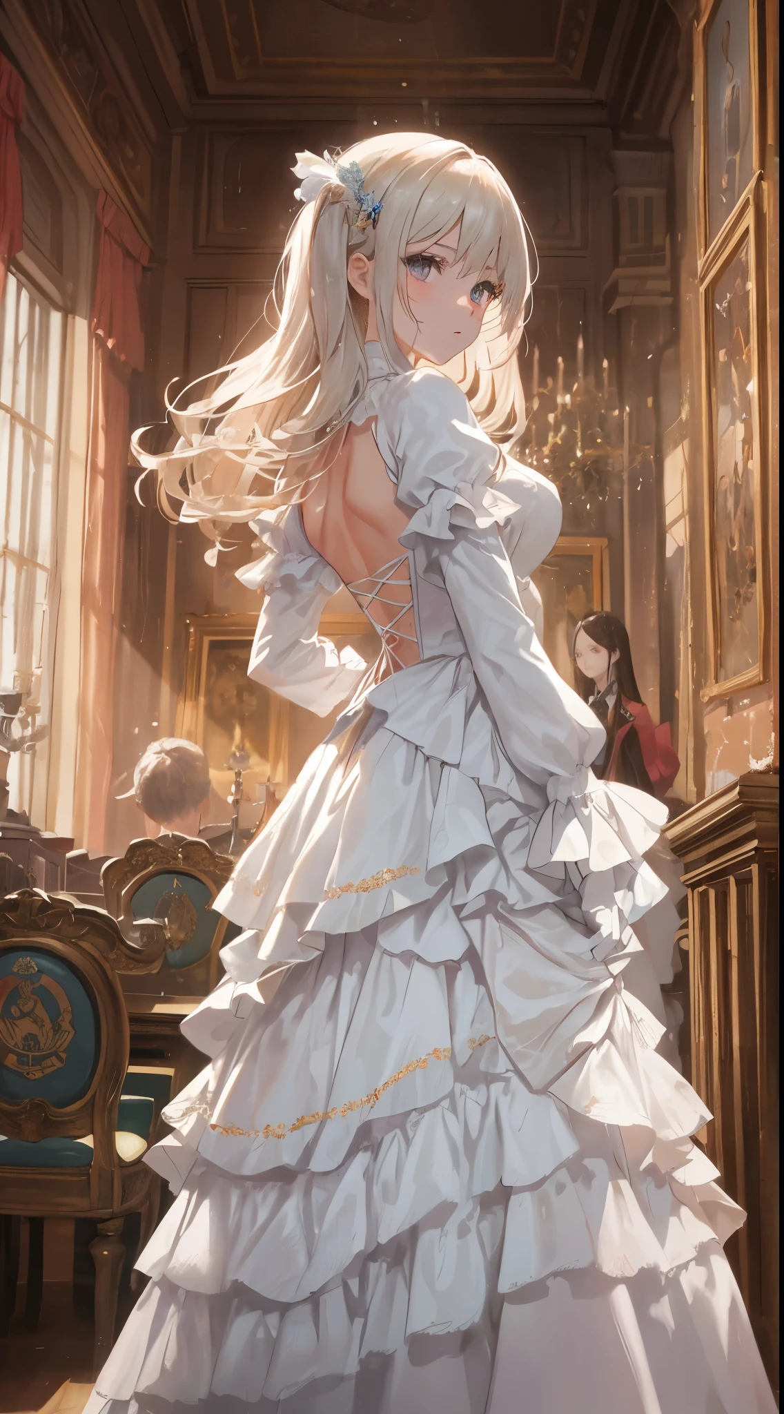 masterpiece、An ultra-high picture quality、hiquality、Big magic stick、long-sleeve、Long length dresses、Ankle-length skirt length、Socks with ruffles、White dress with high neck with excess frills、Cute shape dress、absurderes、Smooth hair、Close up portrait of age princess with white gloves、The King's Audience Room、Luxurious chairs、Red Jutan、Lavishly decorated walls、Gorgeous light、back lighting、Blur the background