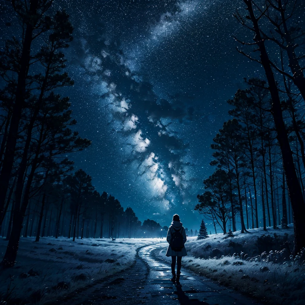 Noche estrellada. Luna llena brillante. Un largo caminonde un bosque iluminado por la luna. El bosque esta humedo debido a una lluvia anterior. En el centro del camino una chica observa la noche llena de estrellas.