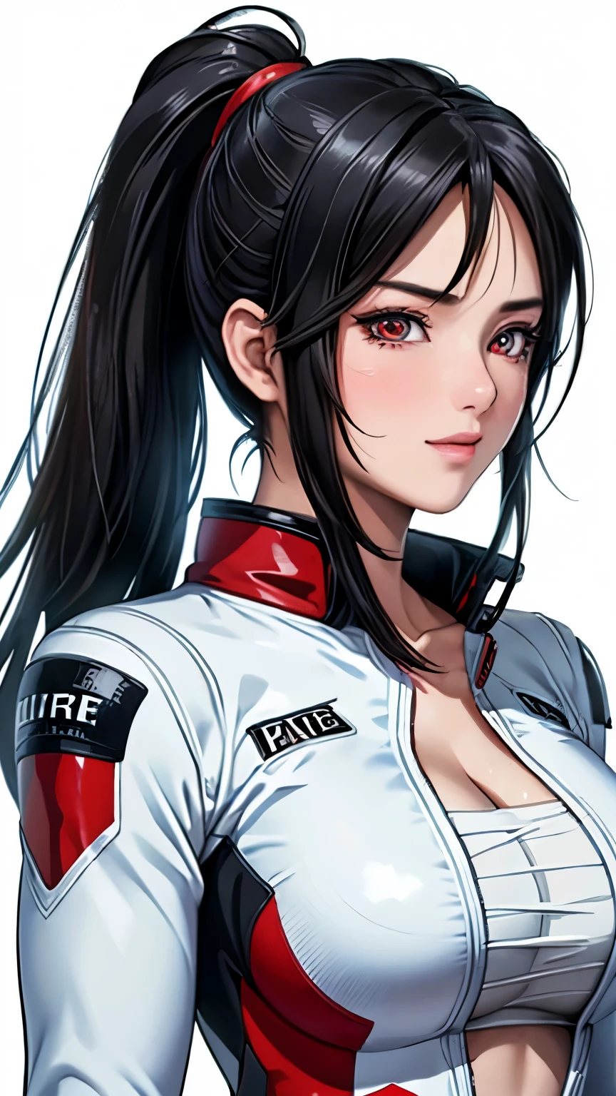 red eyes, (highest quality, masterpiece painting:1.3), immature woman, 16 years old, (half body shot), masterpiece, ultra high resolution, (Photoreal:1.0), black hair, ponytail, straight hair, beautiful shining hair, white and shining skin, ((Ultra realistic details)), octane rendering, highly detailed face, (big breasts:0.8), complete pilotsuit, adjusted pilotsuit, (red pilotsuit),cleavage, perfect body, soft skin, anime face, perfect face, perfect eyes, looking at the viewer, smart, (pure white background:1.4), sharp focus, intricate details, professional artwork, (bright colors:1.1), bright colors, diffused lighting, digital blending, ultra-definition body, ultra detail hair, super detailed face, that&#39;It&#39;s trending on pixiv, top button open, Cute gaze, compensate, perfect lips, perfect compensate, Ultra-precision coating,  (light_smile:0.8), (Very embarrassed:1.2), blush your nose,