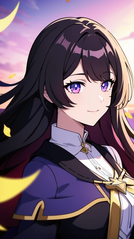 (high-quality, breathtaking),(expressive eyes, perfect face) portrait, 1girl, female, solo, young teen, black hair, pink eye color, long hair length, soft wavy hair, gentle smile, loose hair, side bangs, looking at viewer, portrait, upper body, happy expression, ribbon in hair, flower in hair, fantasy clothing, elegant, mature, height 4"3, adventurer attire, warlock attire, warlock profession, short height, Dungeons & Dragons character, jacket, dress, cape, Firefly Honkai Star Rail Character, flower petals, Firefly, two hair colors, half pink and half black hair