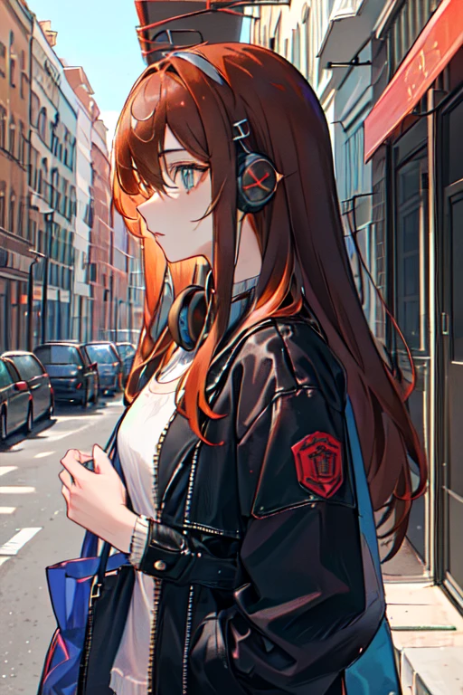 (masterpiece, Side light, Very detailed, Beautiful, detailed eyes: 1.2), One girl, bag, building, from diagonally in front, Headphones, Food, Food down, Fooded Jacket, Foodie, Jacket, Long Hair, Orange Hair, profile, brown hair, alone, In town、City、 Upper Body, masterpiece, highest quality