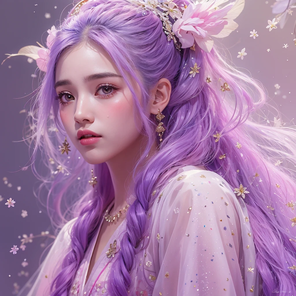 (((Single eyelid)))Snow hoop exclusion area 32K(tmasterpiece,k hd,hyper HD,32K)Long flowing purple-pink hair,Autumn Pond,zydink, a color, Tongzhou people (Girl with glowing eyes), (Thin silk scarf), Side squat position, looking at the ground, long whitr hair, Floating hair, Python headdress, Chinese long-sleeved clothing, (abstract ink splash:1.2), white backgrounid,Lotus protector(realisticlying:1.4),Purple-pink hair,Snowflakes fluttering,The background is pure, A high resolution, the detail, RAW photogr, Sharp Re, Nikon D850 Film Stock Photo by Jefferies Lee 4 Kodak Portra 400 Camera F1.6 shots, Rich colors, ultra-realistic vivid textures, Dramatic lighting, Unreal Engine Art Station Trend, cinestir 800,Long flowing purple-pink hair,((masterpiece)). This artwork is sweet, dreamy and ethereal, with soft pink watercolor hues and candy accents. Generate a delicate and demure fae exploring a (bubblegum world with a wide variety of pastel shades). Her sweet face is extremely detailed and realistic with elegant features and a fierce expression, and looks like ((((naomi scott)))). Include mature features and stunning, highly realistic eyes. Her eyes are important and should be realistic, highly detailed, and beautiful. In high definition and detail, include lots of details like stars, galaxies, colorful bubbles, colorful petals, and lots of energy and emotion! The stars and colorful bubblegum bubbles are important! Include fantasy details, enhanced details, iridescence, colorful glittering wind, and pollen. Pay special attention to her face and make sure it is beautifully and realistically detailed. The image should be dreamy and ethereal.8k, intricate, elegant, highly detailed, majestic, digital photography