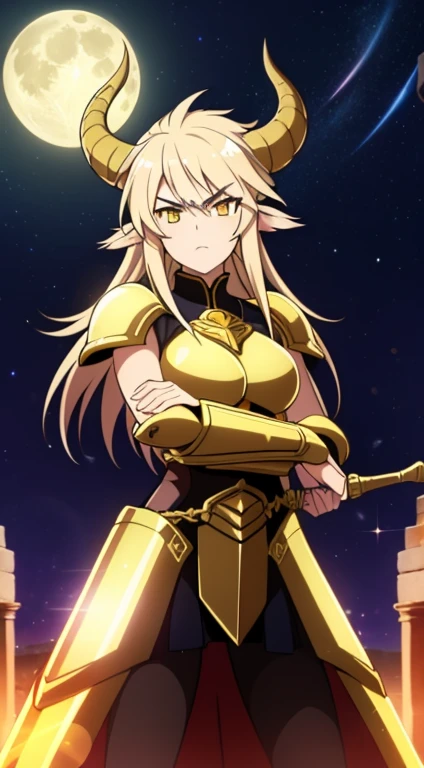 1girl,20s,beautiful girl,horns,long hair,cathyl hair,light blonde hair,gold armor,holding a golden sword,yellow eyes,,Ray Light Glow Lens Flare,((night,night sky,full moon)),serious,battle pose