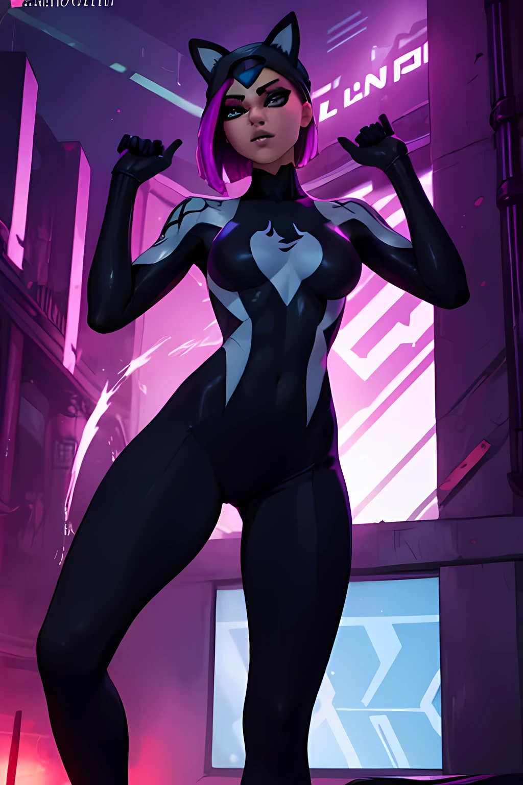 lynx traje de spider Gwen , Blanco y negro, leggins Negro, pose heroico , Cyberpunk, Noche