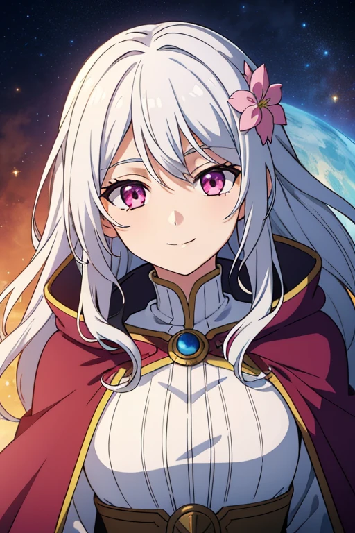 (high-quality, breathtaking),(expressive eyes, perfect face) 1female, female, solo, short height, , long length hair, white hair color, glowing hair, unkept hair, pink eyes, kind expression, smiling, warm soft smile, cloak, shirt, fantasy mage clothing, adventurers attire, Venus planet, Venus Roman God of the Love, space background, portrait, upper body, magic, flower in hair, gorgeous flowy wavy hair
