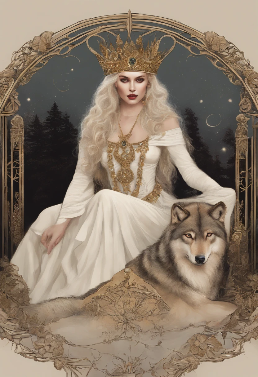 three queen Aphrodite, wolf, clopatra,triad ,tarot card, chiaroscuro technique on sensual illustration of an three queen , vintage three queen, earthy eerie, matte painting, by Hannah Dale, by Harumi Hironaka, extremely soft colors, hint of gold vibrant, highly detailed, digital artwork, high contrast, dramatic, refined, tonal, highest quality，??????? correct，ultra-wide-angle，depth of fields.three queen,triad 