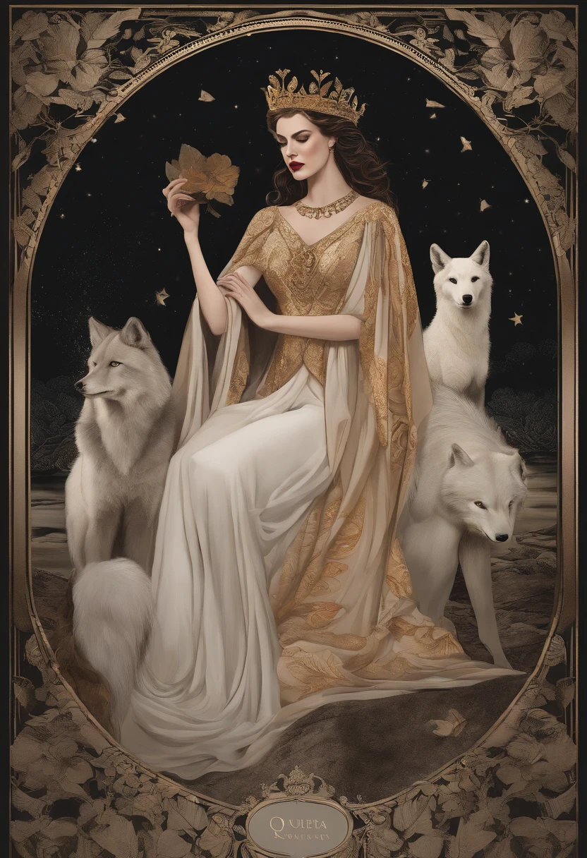 three queen Aphrodite, wolf, clopatra,triad ,tarot card, chiaroscuro technique on sensual illustration of an three queen , vintage three queen, earthy eerie, matte painting, by Hannah Dale, by Harumi Hironaka, extremely soft colors, hint of gold vibrant, highly detailed, digital artwork, high contrast, dramatic, refined, tonal, highest quality,anatomy correct,ultra-wide-angle,depth of fields.three queen,triad