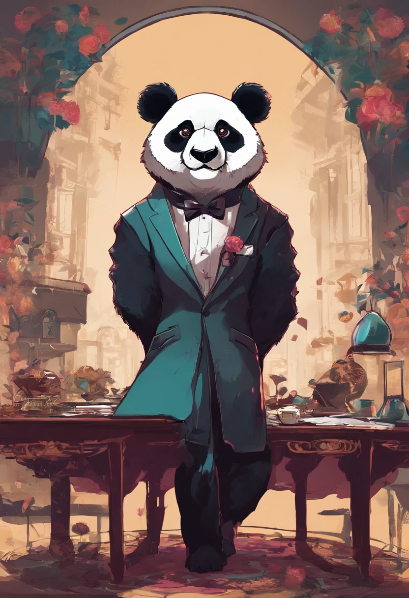 anthropomorphic panda, de cuerpo entero, vestido formalmente con un blazer, sostiene una bandeja, pegatina de panda, sticker de panda.