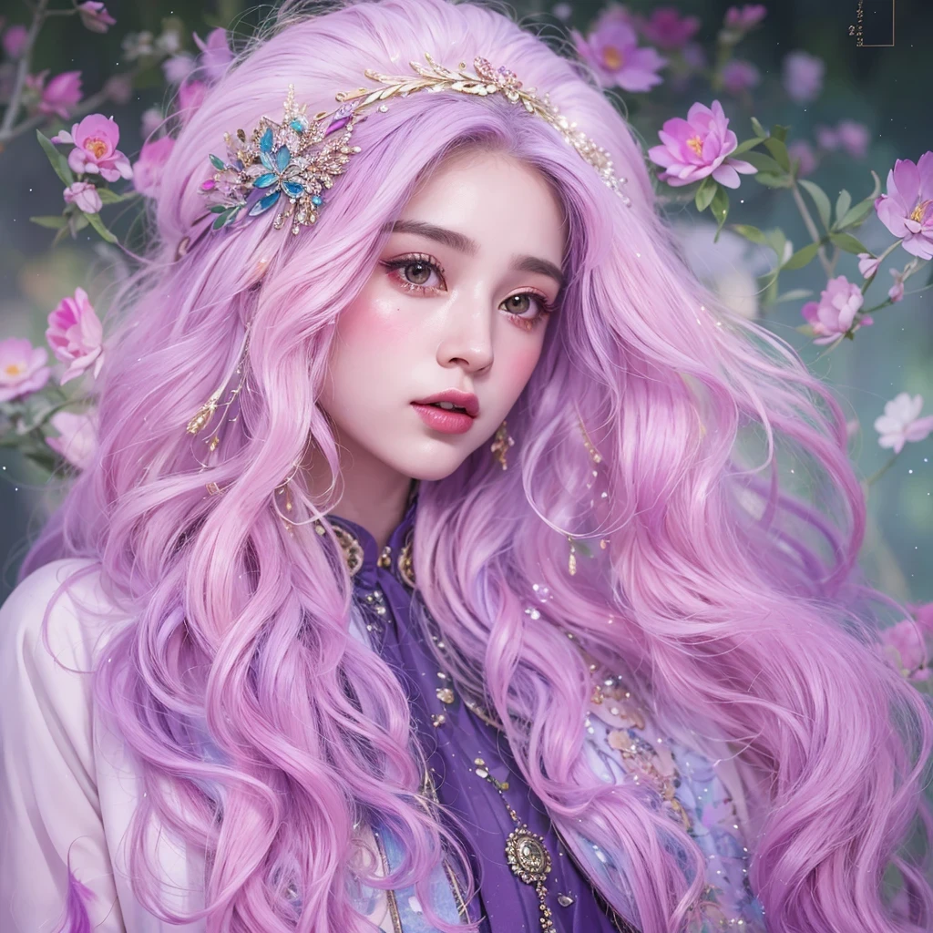 （（（Single eyelid）））Snow hoop exclusion area 32K（tmasterpiece，k hd，hyper HD，32K）Long flowing purple-pink hair，Autumn Pond，zydink， a color， Tongzhou people （Girl with glowing eyes）， （Thin silk scarf）， Side squat position， looking at the ground， long whitr hair， Floating hair， Python headdress， Chinese long-sleeved clothing， （abstract ink splash：1.2）， white backgrounid，Lotus protector（realisticlying：1.4），Purple-pink hair，Snowflakes fluttering，The background is pure， A high resolution， the detail， RAW photogr， Sharp Re， Nikon D850 Film Stock Photo by Jefferies Lee 4 Kodak Portra 400 Camera F1.6 shots, Rich colors, ultra-realistic vivid textures, Dramatic lighting, Unreal Engine Art Station Trend, cinestir 800，Long flowing purple-pink hair，((masterpiece)). This artwork is sweet, dreamy and ethereal, with soft pink watercolor hues and candy accents. Generate a delicate and demure fae exploring a (bubblegum world with a wide variety of pastel shades). Her sweet face is extremely detailed and realistic with elegant features and a fierce expression, and looks like ((((naomi scott)))). Include mature features and stunning, highly realistic eyes. Her eyes are important and should be realistic, highly detailed, and beautiful. In high definition and detail, include lots of details like stars, galaxies, colorful bubbles, colorful petals, and lots of energy and emotion! The stars and colorful bubblegum bubbles are important! Include fantasy details, enhanced details, iridescence, colorful glittering wind, and pollen. Pay special attention to her face and make sure it is beautifully and realistically detailed. The image should be dreamy and ethereal.8k, intricate, elegant, highly detailed, majestic, digital photography