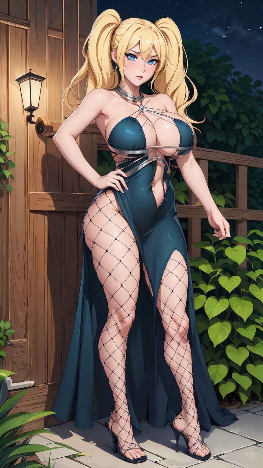 masterpiece, ultra high-quality, extremely detail 8k cg, high resolution, 1girl, narukouzumaki, twintails, wisker marks, blonde hair, blue eyes, perfect eyes, thin body, huge breasts, fakebreasts, evening gown, halterneck, criss-cross halter, tutututu, fishnet pantyhose, high heels, choker, beautiful face, outdoors, garden, night time, full shot photo, full body