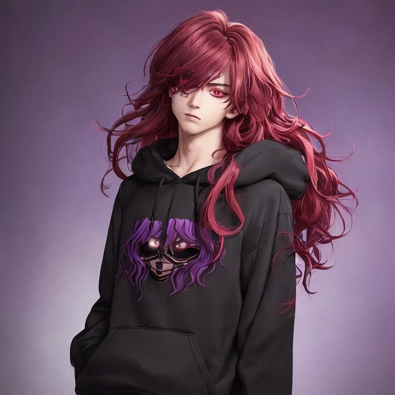 ((best quality)), ((masterpiece)), (detailed), boy, man, male, perfect face,long wavy purple with a red at the bottom of hair color, sharp eyes, dark red eyeballs, wearing a cyber masker, wearing a black mix purple hoodie color, profile picture, dark light background.