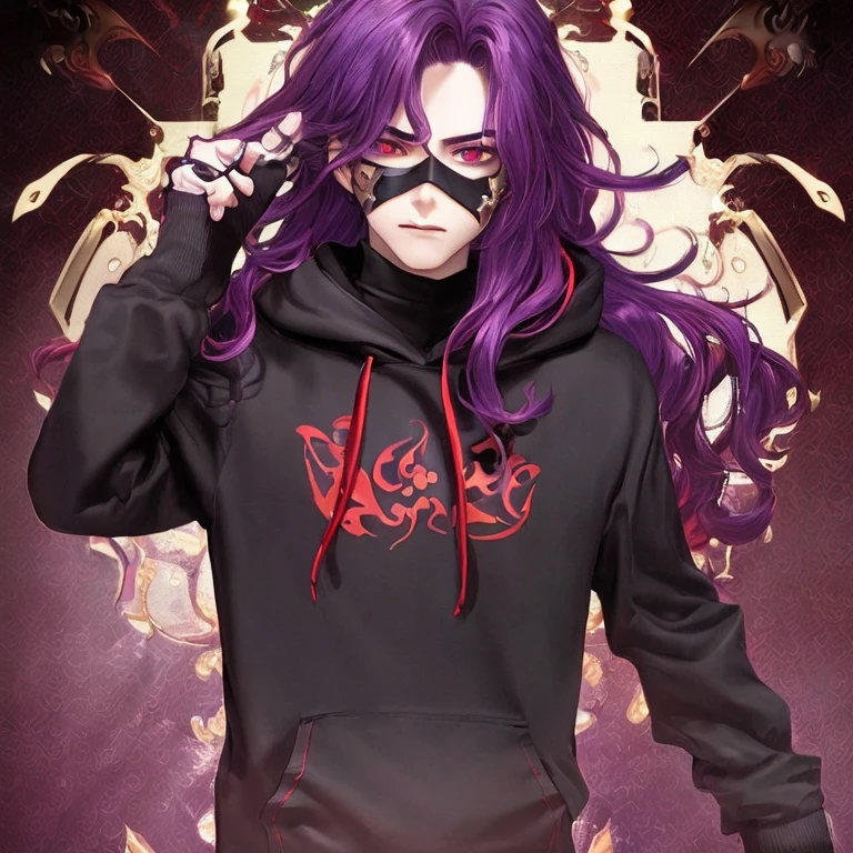 ((best quality)), ((masterpiece)), (detailed), boy, man, male, perfect face,long wavy purple with a red at the bottom of hair color, sharp eyes, dark red eyeballs, wearing a cyber masker, wearing a black mix purple hoodie color, profile picture, dark light background.