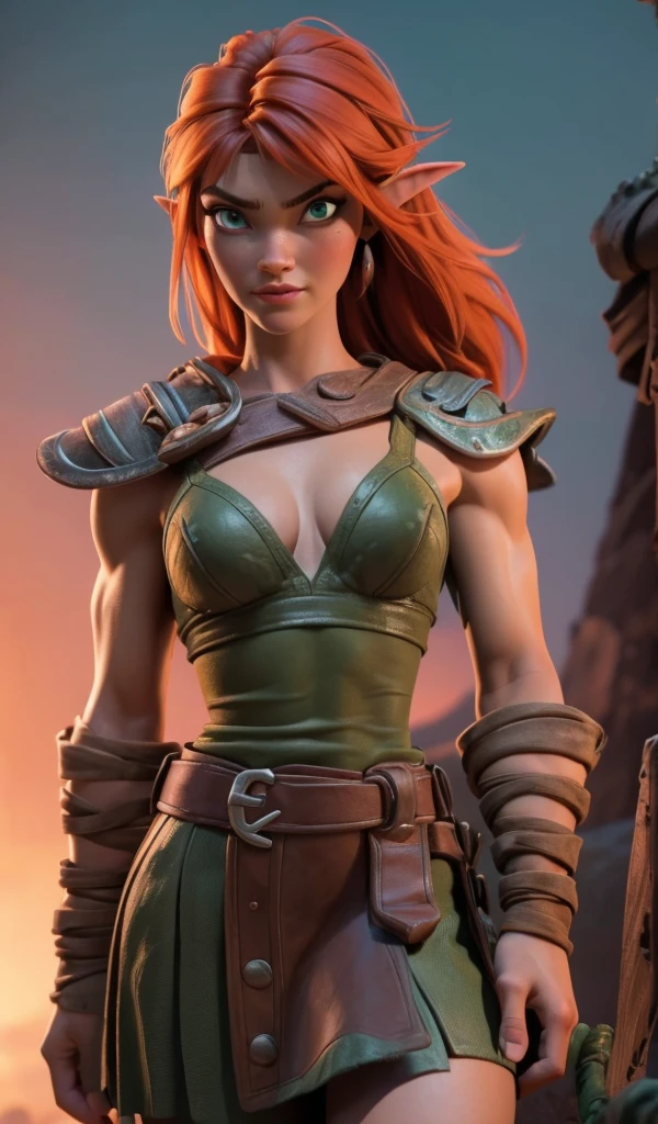 8K, (masterpiece, Best Quality)+ cowboy shot of a barbarian elf (Like the real thing)+ realistic skin, Looking at Viewer, Short hair, green mohawk hair, cleavage, Jewelry, small full breasts, Upper body, whole body, sword ,earrings, armor, Hair over one eye, Green eyes, short elf ears, shoulder armor, Realistic, at high resolution, Masterpiece, A hyper-realistic, Fantasy art, character art, cinestill 800, alluring glance, A sexy closeup, combat scene, action scene, action pose, dynamic pose, Rugged look, Glaring at the viewer, (slim and athletic body)++ athletic and muscular body, split abs, athletic legs, thin muscular arms, (ultra quality)++, (masterpiece)++, 1girl, barbarian elf, (Red, red hair)++, (Beautiful cute face)+, (beautiful female lips)+, Charming, (serious expression)++, looks at the camera with a gentle smile, eyes are slightly closed, (skin color white)+, Body glare, (detailed beautiful female eyes)++, (dark green eyes)++, (juicy female lips)+, (beautiful female hands)+, (perfect female hands)++, (perfect female figure)++, perfect female body, Beautiful waist, gorgeous big thighs, Beautiful little breasts, (Subtle and beautiful)++, seductively sits, (close up face)+, (Barbarian outfit, Barbarian armor, Leather skirt, Pelt Skirt, (armor:1.2)+)++, background: Beautiful sunset, (Depth of field)++, (high quality clear image)++, (crisp details)+, (highly detailed)++, Realistic, Professional Photo Session, (Clear Focus)++, the anime! girl! in the middle of a red and white movie!! in a dark studio, complex artistic color ink pen illustration, subtle detailing, masterfully illustrated by Artgerm and Range Murata. 3D render, digital, game art, unreal 5,