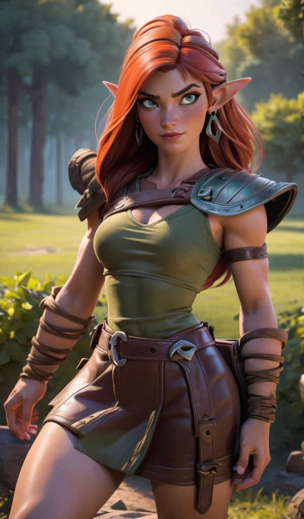 8K, (masterpiece, Best Quality)+ cowboy shot of a barbarian elf (Like the real thing)+ realistic skin, Looking at Viewer, Short hair, green mohawk hair, cleavage, Jewelry, small full breasts, Upper body, whole body, sword ,earrings, armor, Hair over one eye, Green eyes, short elf ears, shoulder armor, Realistic, at high resolution, Masterpiece, A hyper-realistic, Fantasy art, character art, cinestill 800, alluring glance, A sexy closeup, combat scene, action scene, action pose, dynamic pose, Rugged look, Glaring at the viewer, (slim and athletic body)++ athletic and muscular body, split abs, athletic legs, thin muscular arms, (ultra quality)++, (masterpiece)++, 1girl, barbarian elf, (Red, red hair)++, (Beautiful cute face)+, (beautiful female lips)+, Charming, (serious expression)++, looks at the camera with a gentle smile, eyes are slightly closed, (skin color white)+, Body glare, (detailed beautiful female eyes)++, (dark green eyes)++, (juicy female lips)+, (beautiful female hands)+, (perfect female hands)++, (perfect female figure)++, perfect female body, Beautiful waist, gorgeous big thighs, Beautiful little breasts, (Subtle and beautiful)++, seductively sits, (close up face)+, (Barbarian outfit, Barbarian armor, Leather skirt, Pelt Skirt, (armor:1.2)+)++, background: Beautiful sunset, (Depth of field)++, (high quality clear image)++, (crisp details)+, (highly detailed)++, Realistic, Professional Photo Session, (Clear Focus)++, the anime! girl! in the middle of a red and white movie!! in a dark studio, complex artistic color ink pen illustration, subtle detailing, masterfully illustrated by Artgerm and Range Murata. 3D render, digital, game art, unreal 5,