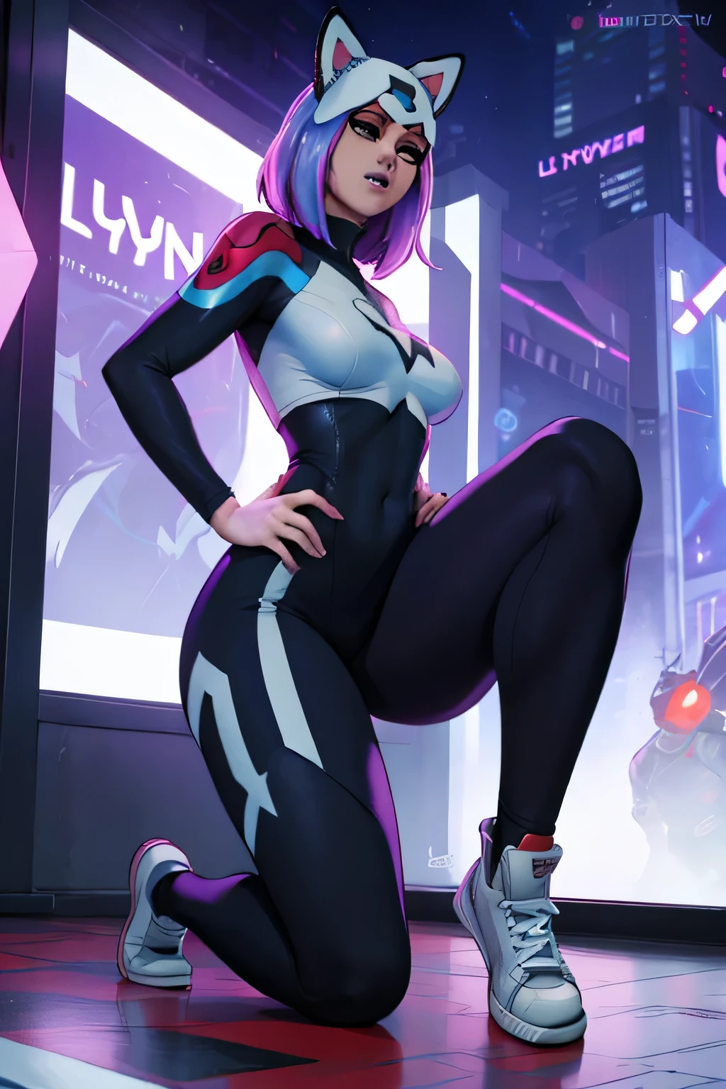 lynx traje de spider Gwen , Blanco y negro, leggins Negro, pose heroico , Cyberpunk, Noche