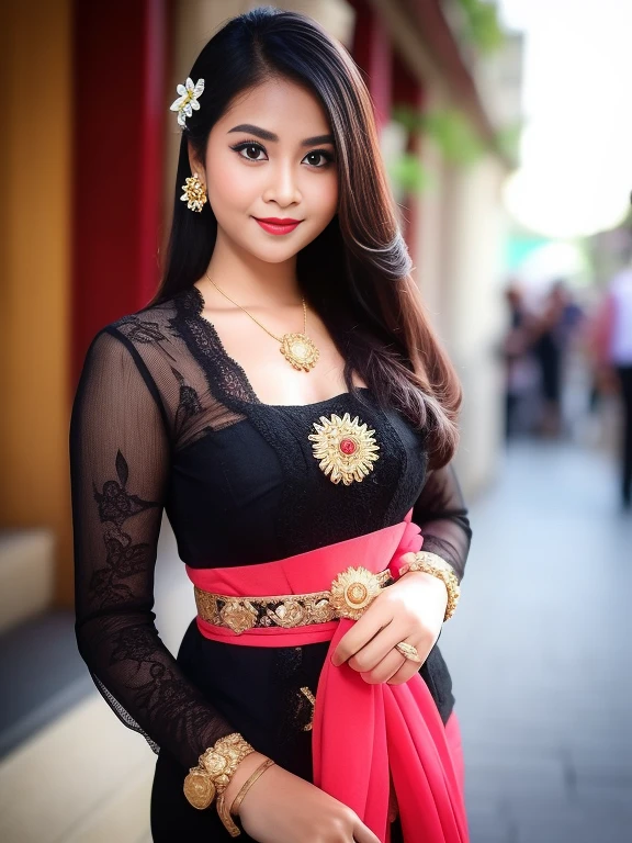 photography, woman,  portrait of woman wearing kebaya_bali in black long kebaya dress traditional, red lipstick, golden necklace, earrings, ornate, detail, flowers, blurry background, soft focus
