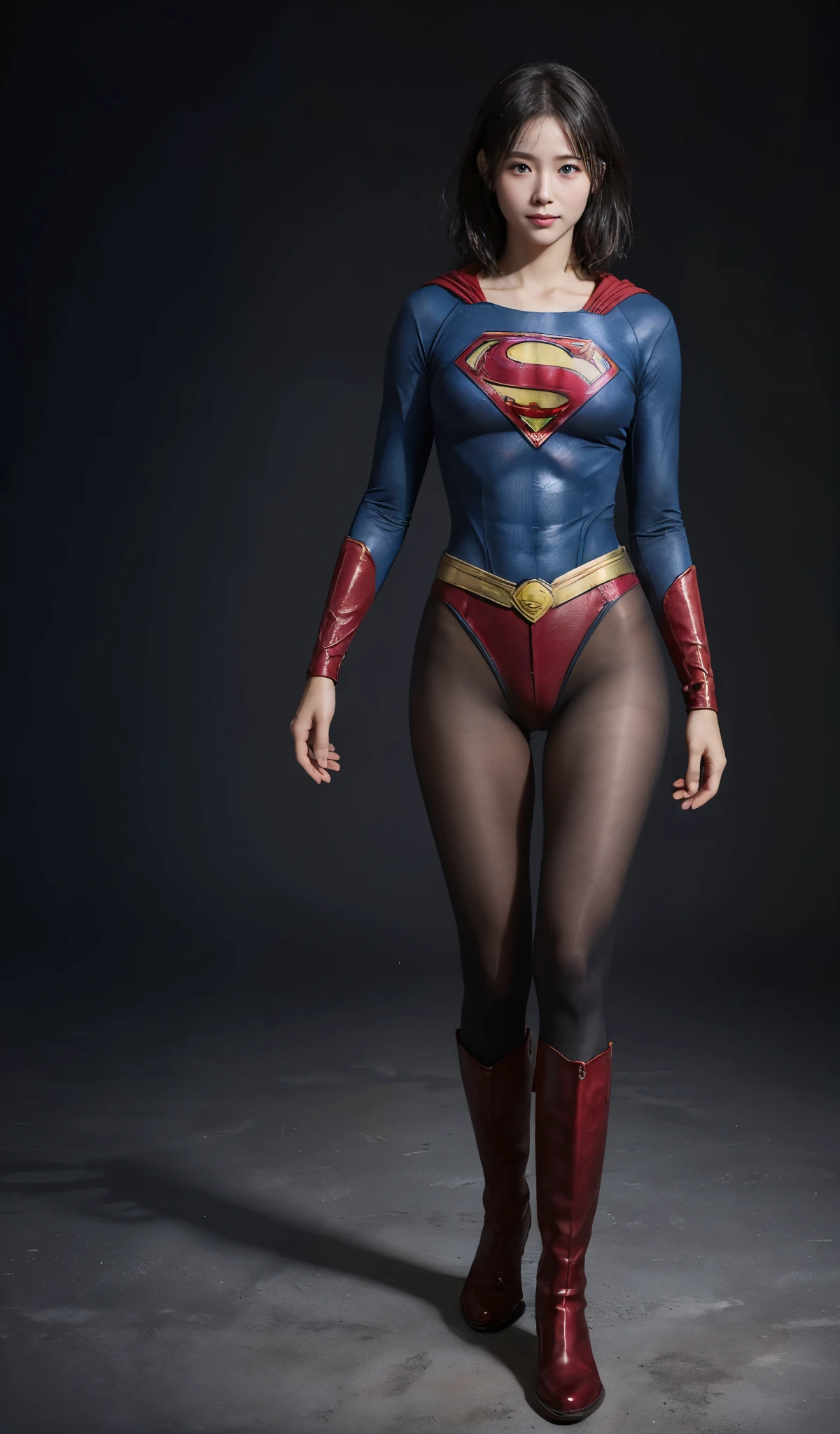 No background、(((Beautiful legs in black tights.)))、(((Legally express the beauty of your smile)))、((((Make the most of your original images)))、(((Supergirl Costume)))、(((beautiful short bob hair)))、(((suffering)))、(((Please wear black tights....、Wear red boots)))、((Best image quality、8K))、((highest quality、8K、masterpiece:1.3))、(((keep background )))、Sharp focus:1.2、Beautiful woman with perfect figure:1.4、Thin abdominal muscles:1.2、Wet body:1.5、Highly detailed face and skin texture、8K