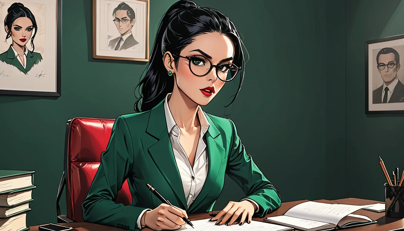 a girl sits in a chair with a notepad and a pen, a hand holds a pen, a girl in a classic dark green suit with round glasses and a white shirt (on a dark office background), (open mouth), (mouth opened), adult, [European], Ectomorph elongated body, slim body, skinny, perfect white skin, Long Diamond type Face, Long slim neck, broad shoulders, long slim thin arms, long fingers on the hands, round forehead, Attached Pointed ears, Long Sleek Straight Ponytail Slicked back black Hair, Hawk long Nose, Upturned Eyes type, Bold Tapered Eyebrows, Angular Narrow Symmetrical Cheekbones, Hollow Cheeks, Square Chin, Square Jawline, Heart Shaped nude Lips, Fine Puppet Wrinkles, (dark green eyes), Cut Crease make up style, Full on Top or Bottom breasts, second breast size, narrow hips, Slim thighs, graphic style of novel comics, perfect hands, 2d, 8k, hyperrealism, masterpiece, high resolution, best quality, ultra-detailed, super realistic, Hyperrealistic art, high-quality, ultra high res, highest detailed, lot of details, Extremely high-resolution details, incredibly lifelike, colourful, soft cinematic light,