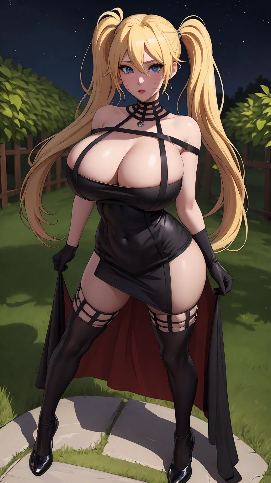 masterpiece, best quality, extremely detail 8k cg, high resolution, 1girl, narukouzumaki, twintails, wisker marks, blonde hair, blue eyes, perfect eyes, slim body, huge breasts, fakebreasts, standing, black dress, black thighhighs, black gloves, seductive face, outdoors, garden, night time, beautiful face, wide shot photo, full body