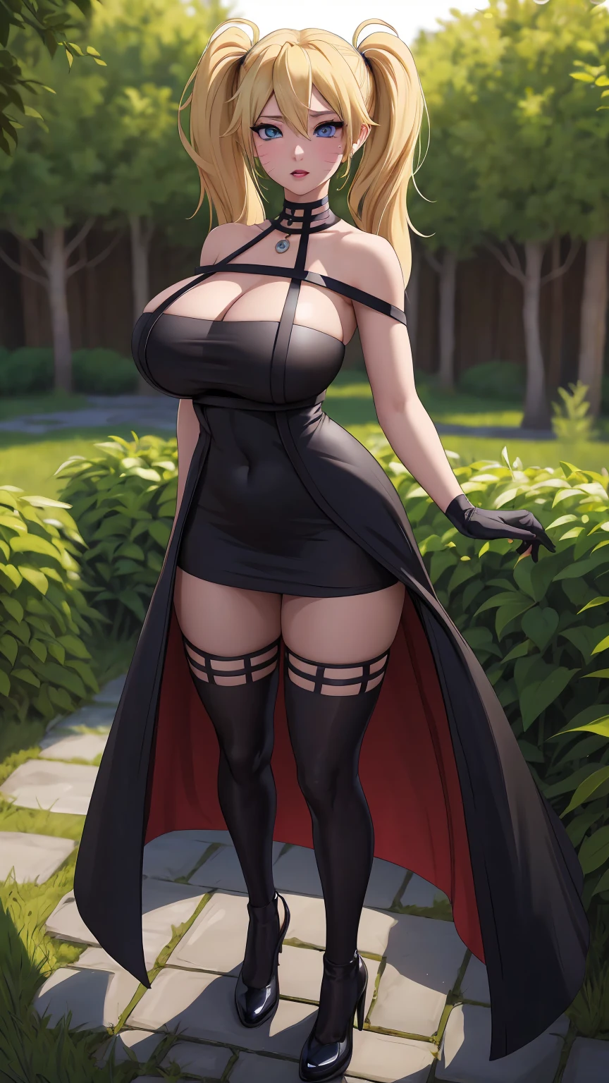 masterpiece, best quality, extremely detail 8k cg, high resolution, 1girl, narukouzumaki, twintails, wisker marks, blonde hair, blue eyes, perfect eyes, slim body, huge breasts, fakebreasts, standing, black dress, black thighhighs, black gloves, seductive face, outdoors, garden, night time, beautiful face, wide shot photo, full body