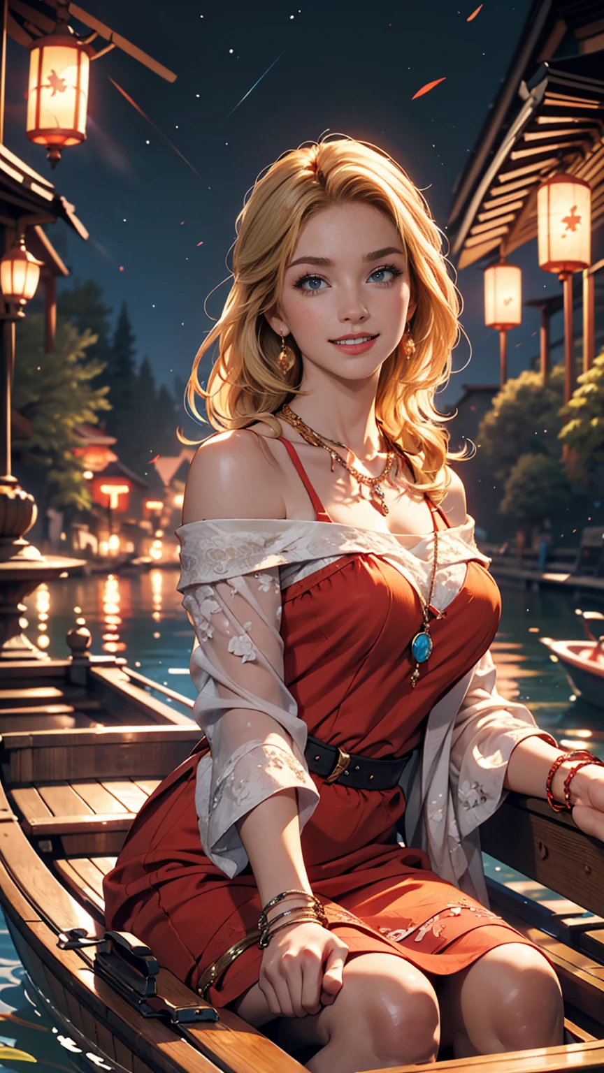 ((最high quality, 8K, masterpiece: 1.3, Ultra HD, high quality, 最high quality, High resolution, realism)) 、A 22-year-old extremely beautiful white woman、Hair color blonde、blue eyeedium Hair、Straight Hair、smile、Slender but well-proportioned body、Background blur((depth of field))、aerial perspective((atmospheric perspective))、I want my head to stay off screen、Wearing accessories on the wrist、Put an anklet on your ankle、Wearing red nail polish、I have a peticure、Disney((Disney))Tangled、Blonde long hair、Wear an off-the-shoulder dress、smile、A lake in the forest、A boat floating in the middle of a lake、Looking up at the many lanterns flying in the night sky