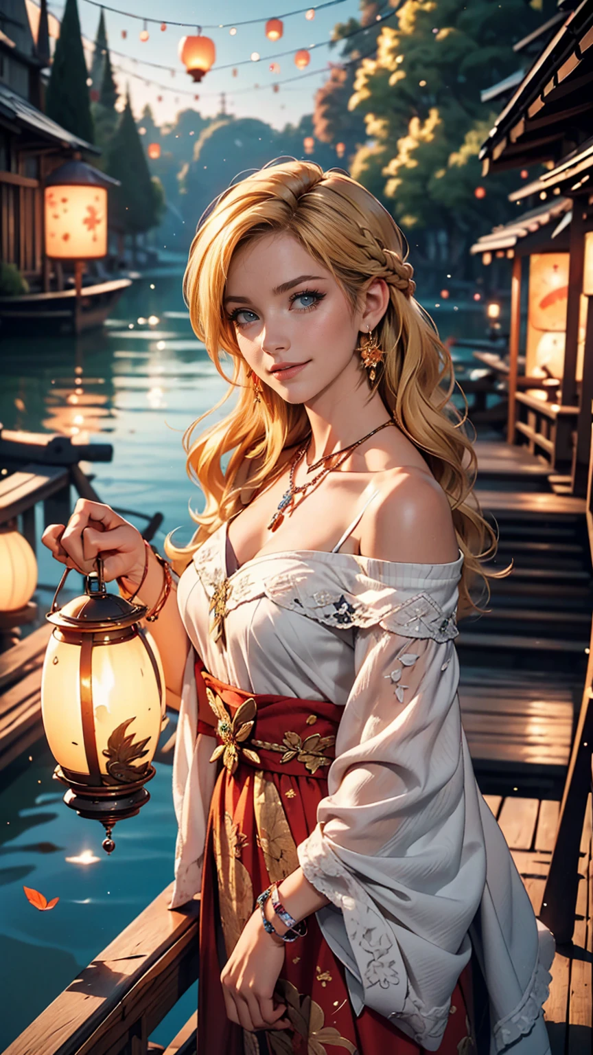 ((最high quality, 8K, masterpiece: 1.3, Ultra HD, high quality, 最high quality, High resolution, realism)) 、A 22-year-old extremely beautiful white woman、Hair color blonde、blue eyeedium Hair、Straight Hair、smile、Slender but well-proportioned body、Background blur((depth of field))、aerial perspective((atmospheric perspective))、I want my head to stay off screen、Wearing accessories on the wrist、Put an anklet on your ankle、Wearing red nail polish、I have a peticure、Disney((Disney))Tangled、Blonde long hair、Wear an off-the-shoulder dress、smile、A lake in the forest、A boat floating in the middle of a lake、Looking up at the many lanterns flying in the night sky