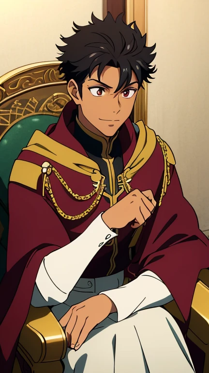 Tan skin, dark colored skin, black skin color, (high-quality, breathtaking),(expressive eyes, perfect face) portrait, 1boy, male, solo, adult, age 20, Cool cloak with silver trim, maroon colored eyes, red eyes, wearing prince clothes that are black, princely garb, cheeky grin, sly smile, closed mouth sly smile, black hair, black hair with sides faded, short lock hairstyles, looking towards viewer dreamily, big masterpiece, best quality, extremely detailed CG, beautiful detailed eyes, ultra-detailed, intricate details:1.2), 8k wallpaper, elaborate features, glistening shiny, glowing light, ray tracing, HDR, deph of field, (perfect face), HD, perfect lighting, ((beautiful detailed eyelashes)), siting in a fancy chair, in a dark room illuminated by candles