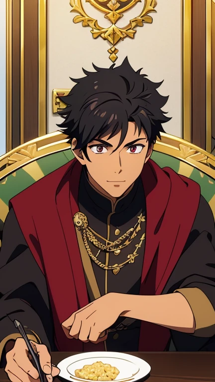 Tan skin, dark colored skin, black skin color, (high-quality, breathtaking),(expressive eyes, perfect face) portrait, 1boy, male, solo, adult, age 20, Cool cloak with silver trim, maroon colored eyes, red eyes, wearing prince clothes that are black, princely garb, cheeky grin, sly smile, closed mouth sly smile, black hair, black hair with sides faded, short lock hairstyles, looking towards viewer dreamily, big masterpiece, best quality, extremely detailed CG, beautiful detailed eyes, ultra-detailed, intricate details:1.2), 8k wallpaper, elaborate features, glistening shiny, glowing light, ray tracing, HDR, deph of field, (perfect face), HD, perfect lighting, ((beautiful detailed eyelashes)), siting in a fancy chair, in a dark room illuminated by candles