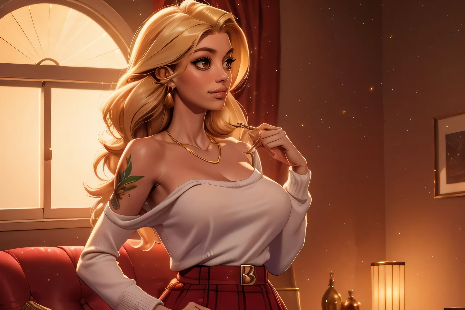 Beautiful whore, She wears a Christmas-colored sweater, shirt, and skirt, Perfect sexy bodies, Racially diverse white skin tones, slim: Beautifully flowing long wavy hair, slim: Clothes that reveal shoulder cleavage and collarbone, Temptation, Materials, golden hour, , jewelry, golden hour, reality, Masterpiece, Adores, Smiles, Perfect faces, Flirty, pause: Living room, Christmas decorations, Seraglio, Watercolor, Professional cinematic 8K image with ray tracing, subsurface scattering and backlighting, Tattoo, Big breasts