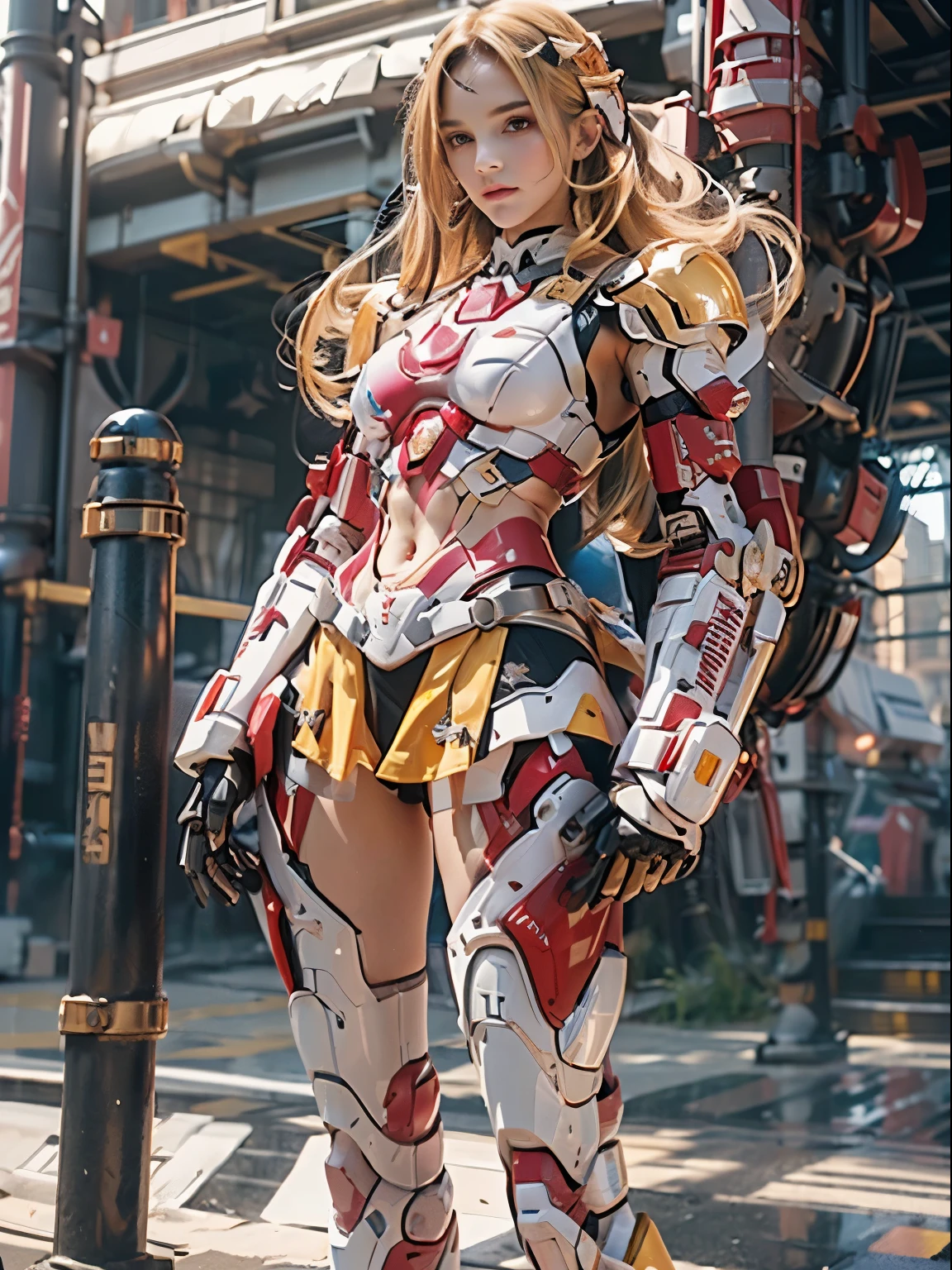 beautiful girl with mecha robot armor((Long straight long hair with blonde color: 1.2),（Highly detailed 8k CG wallpaper）,（Very smooth and beautiful）,（Craftsmanship）,((sharp_focus)),（best quality ：1.0）,（Ultra High Resolution：1.0 ）,beautiful lighting, perfect flash, realistic color, [high resolution], smooth and flawless bright skin, exquisite facial details, (perfect body： 1.1 ）), very detailed, beautiful girl, small head, (small breasts :1.1),Mecha robot chest visible breasts, slender, red mecha chest,(Red mecha short skirt: 1.1), pink mecha panties visible,(Robot shoes red gold trim: 1.1),early autumn, Dusk, sunset light, Standing at the school gate, Close-up Shot，Surrounded by a bustling crowd, (Emma_watson), full_body, 19 years old, tall, (fine_abs:1.55), beautiful , (smooth thighs), (black stockings), (((fair skin))), white skin, yellow/pink short skirt, chestnut blonde hair, looking at the audience, glasses, red mecha headset with gold trim, (sharp_focus:1.5 )