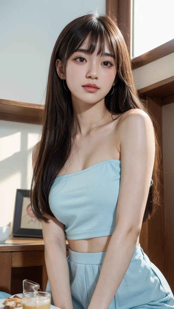 Realistic photos of (1 cute star) shoulder length hair, ponytail, light makeup, bangs, (small), clear facial features, 8K high resolution, sharp and realistic details, full body, own room, changing (underwear), changing clothes, f/4.0, 135mm, fujifilm, jpeg artifacts, dithering, UHD, masterpiece, blur, schoolgirl, underwear, white
