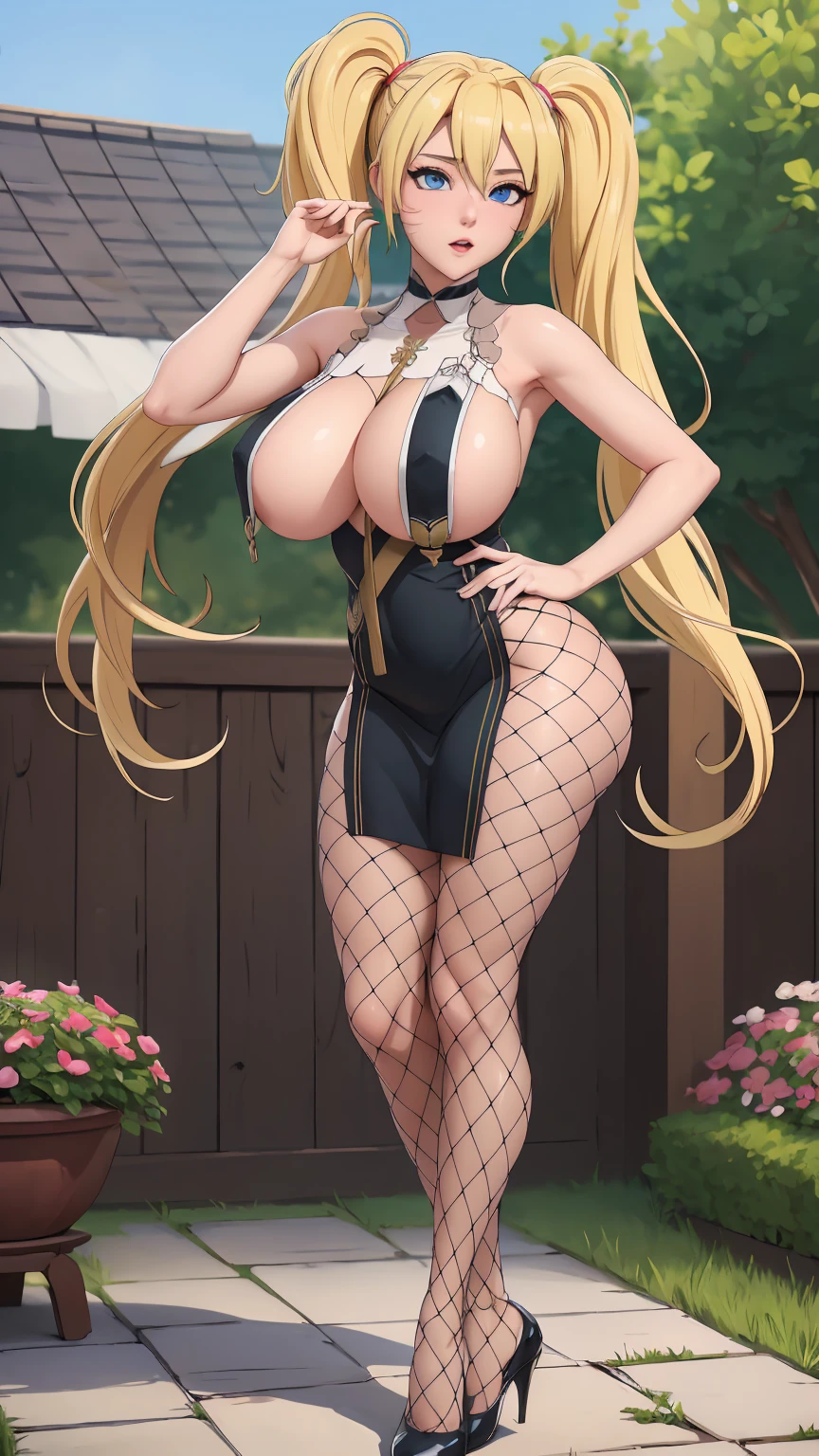 masterpiece, best quality, extremely detail 8k cg, high resolution, 1girl, narukouzumaki, twintails, wisker marks, blonde hair, blue eyes, perfect eyes, choker, breast curtains, china dress, pelvic curtains, tutututu, fishnet pantyhose, high heels, huge breasts, outdoors, garden, standing, beautiful face, wide shot photo, full body