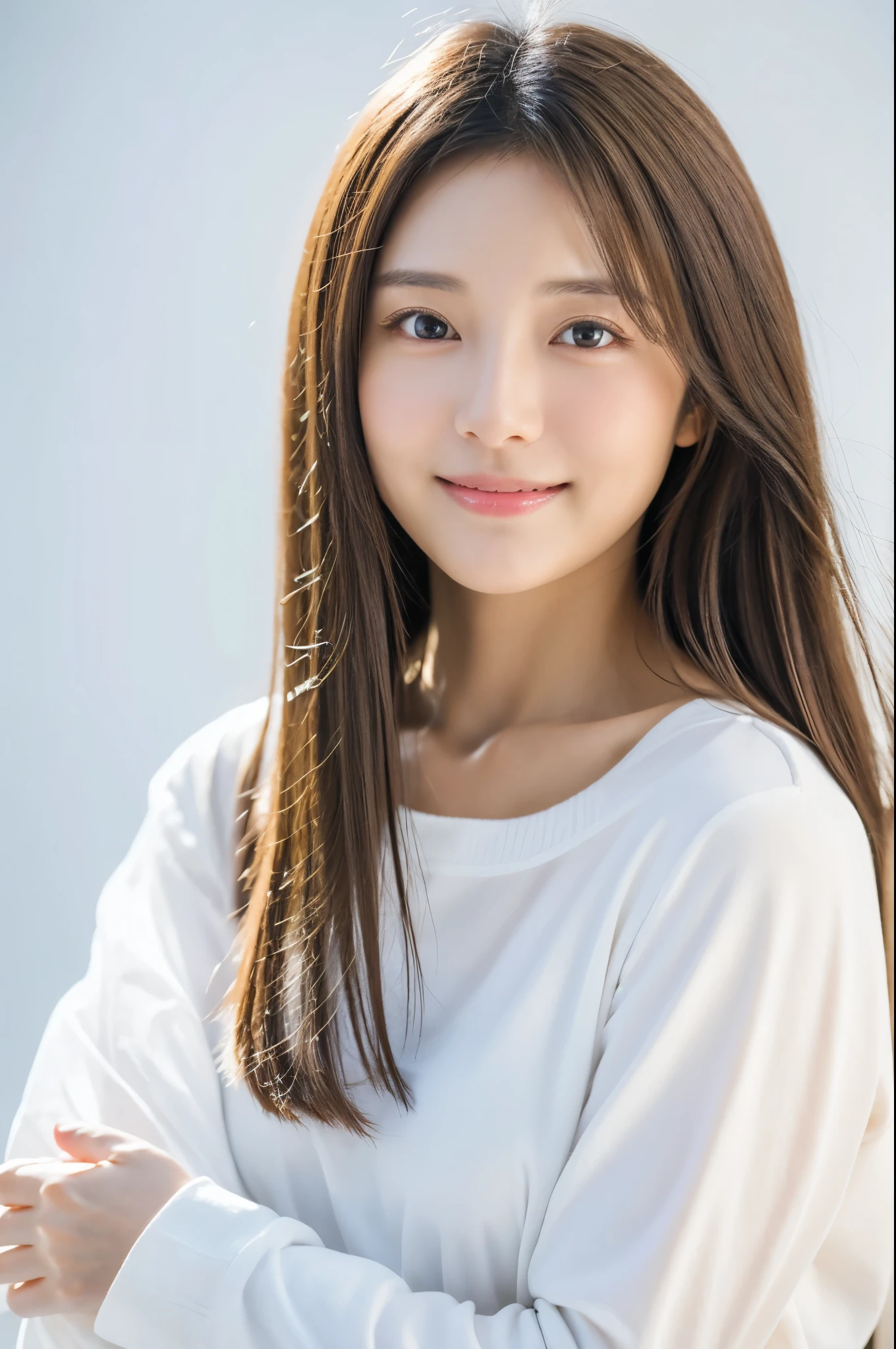Japanese women, Elderly, White background, simple背景,Long Hair、white brown hair, Slender, 4K, 8K, High quality, Beauty products, EyesBeautiful Eyes, simple, It is high resolution.,1 person,Beautiful Skin,Beautiful Skin、Natural smile、wore long-sleeved clothes、fresh