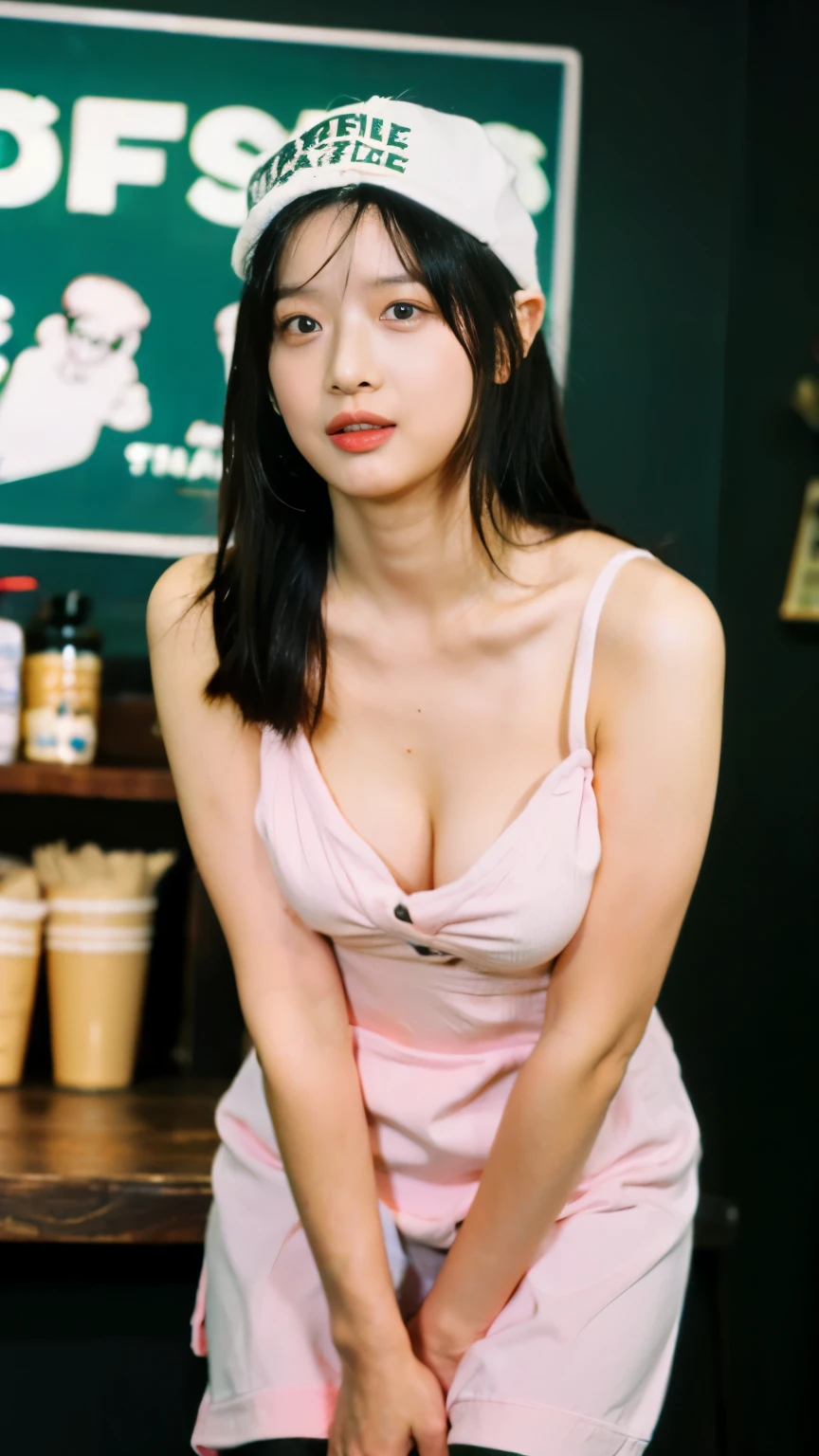 nipples, thighs, nsfw, realistic nipples, topless, naked, detailed nipple, NSFW, NUDE GIRL , ultra res, top-quality, Girl working at workbench at Starbucks，She wears a black Starbucks baseball cap on her head，She wore only a green Starbucks apron，Soaked clothes and skin，hightquality、tmasterpiece、Hyper-Resolution、cute girl face、barechested、NAKED Apron、Wearing a apron、full body Esbian、((Big cleavage、A sexy))、(((Leaning forward to show cleavage)))、((Sexy and bewitching look))、(((Lower breast、Transverse breasts)))、(((A pose that raises the cleavage with both arms)))、HANDS SQUEEZING BREASTS, Naughty Faces, SEXY EXPRESSIONS, 