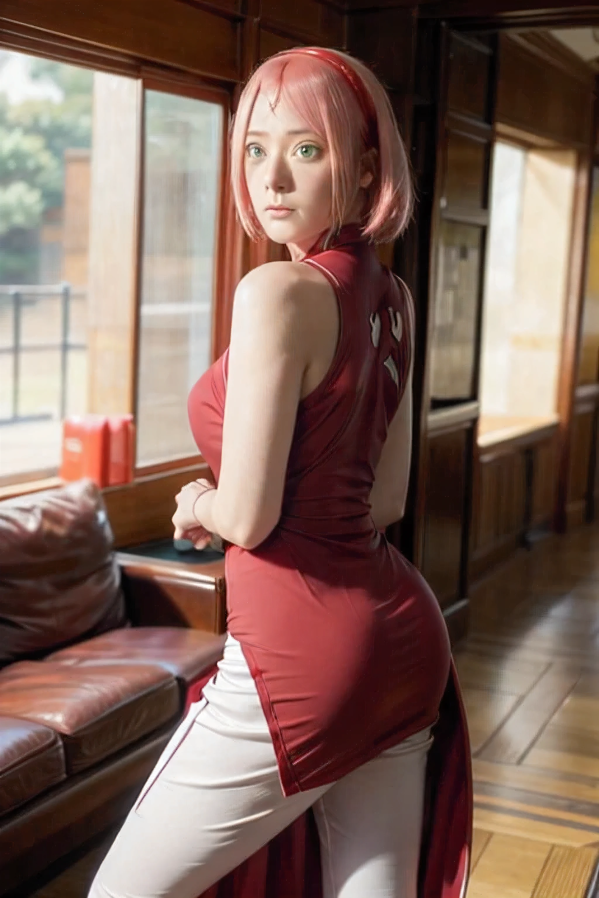 masterpiece, ,(solo:1.1), perfect face, (bright lighting:1.2),beautiful detailed eyes, extremely detailed face, perfect lighting,masterpiece, best quality, 1girl,haruno sakura, red sleeveless dress, white pants, bracelets, forehead mark, red hairband, small breast, medium hips, medium ass, solo,breasts, ass, lying, on stomach,back, foreshortening, from behind