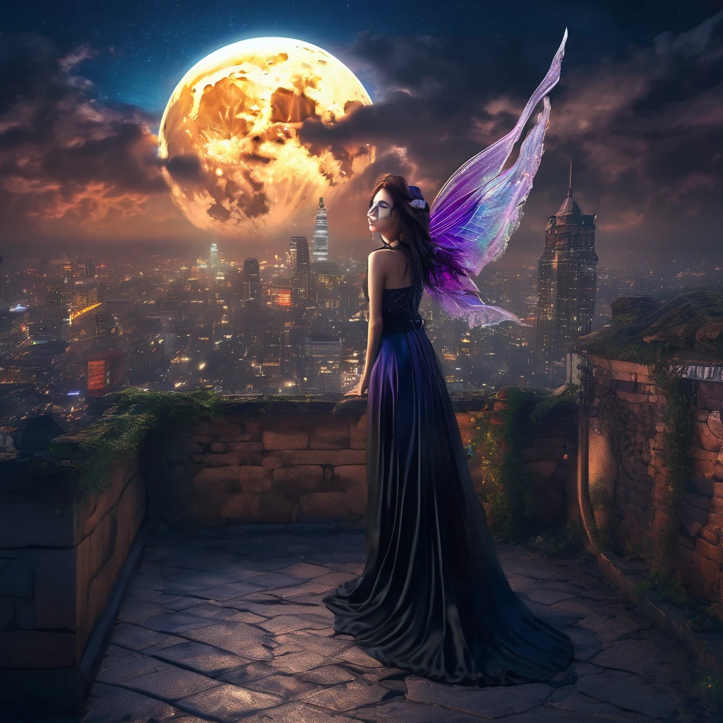 (best quality,4k,8k,highres,masterpiece:1.2),ultra-detailed,(realistic,photorealistic,photo-realistic:1.37), HDR,UHD,studio lighting,ultra-fine painting,sharp focus,physically-based rendering,extreme detail description,professional,vivid colors,bokeh,horror,fantasy,nighttime scene,mythical creatures,dark atmosphere,dramatic lighting,moonlight,ominous shadows,twilight,gothic architecture,enchanted world,surreal,fairy,female,feminine,fantasy costume,elaborate wings,playful expression,intense gaze,magic powers,sparkling energy,glowing aura,vibrant colors,mystical elements,cobblestone rooftop,city skyline,teeth sack dangling off her belt,moonlight reflecting in her eyes,long flowing hair,windy atmosphere,mysterious background,night stars,whimsical details,unexpected surprises,imagination unleashed,magnificent artwork