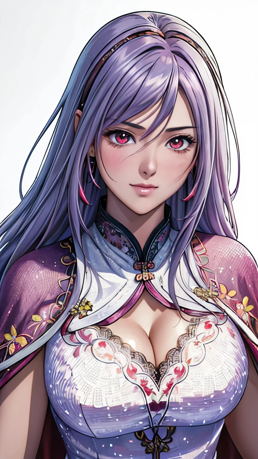 red eyes, (highest quality, masterpiece painting:1.3), immature woman, , (half body shot), masterpiece, ultra high resolution, (Photoreal:1.0), ((light purple hair)),straight hair, beautiful shining hair, white and shining skin, ((Ultra realistic details)), octane rendering, highly detailed face, (big breasts:0.8), (make a heart with hands), (((Wearing Fluorescent fabric:harem outfit,Suzhou embroidery technique:Lace sequin cloak woven from feathers))), Fabric Glows, open neckline, cleavage, perfect body, soft skin, White cherry blossom embroidery pattern, silver earrings, (pure white background:1.4), sharp focus, intricate details, professional artwork, (bright colors:1.1), bright colors, diffused lighting, digital blending, ultra-definition body, ultra detail hair, super detailed face, that'It's trending on pixiv, top button open, Cute gaze, compensate, perfect lips, perfect compensate, Ultra-precision coating, (light_smile:0.8), (Very embarrassed:1.2), blush your nose,