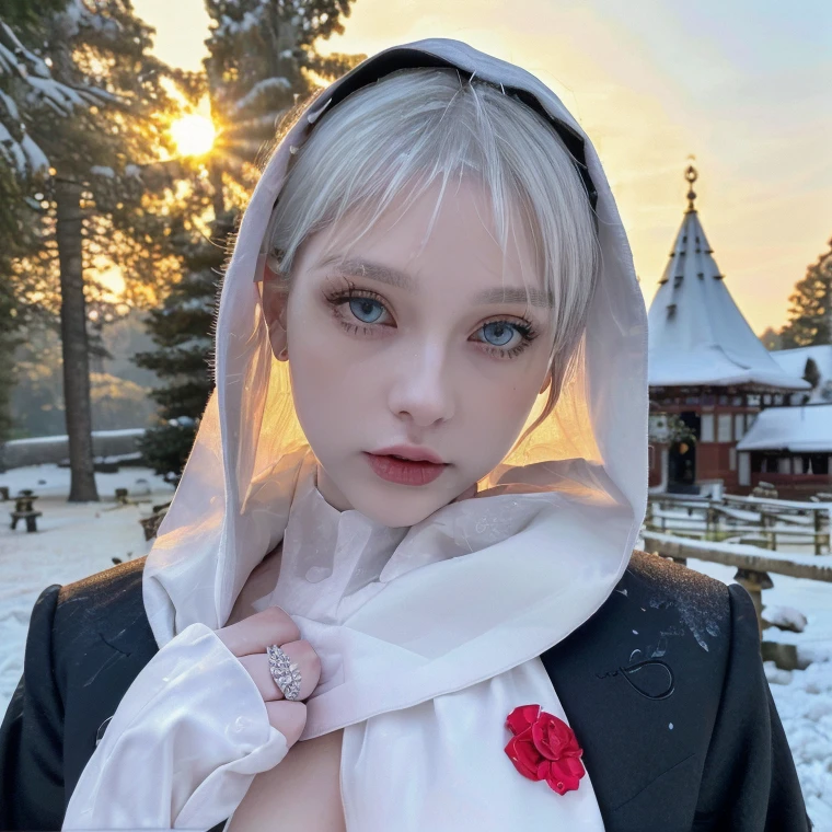 1 miniature Beautiful beautiful woman - Yuan Sayuki, ((top quality, 8K, Masterpiece:1.retty woman, 1 woman, huge breasts:1.3, a slim body:1.1, lush white short hair, (shower, wet body, wet clothes:1.1), very detailed face, detailed lips, detailed eyes, double eyelids, Detailed blue eyes, чрезвычайно Detailed Outstanding Blue Eyes, short white wet hair, white wet hair, Detailed Outstanding Blue Eyes, innocent look at the viewer, very wet wavy white hair, Detailed Outstanding Blue Eyes, huge cross earrings, Outdoors, badges behind, gothic wedding uniform, sexy gothic style wedding dress with veil, bare chest, huge chest tattoo wearing a wreath, detailed huge catholic cross earrings, chest tattoo, Outside - there are trees and a buddhist temple in the background (mountain vicinity), wear a silver cross (Detailed cross shape), reality mode, wet breasts, black necklace, black wedding dress and black veil, human crowd behind, head/forehead chain veil, black latex gloves, naked breasts, naked breasts, naked nipples, hair of white snowy colour, night time, red neon lights, demonic nun, nimbus (golden lighting ring above her head), angel, snowy weather, Detailed buddhist temple behind, naked breasts