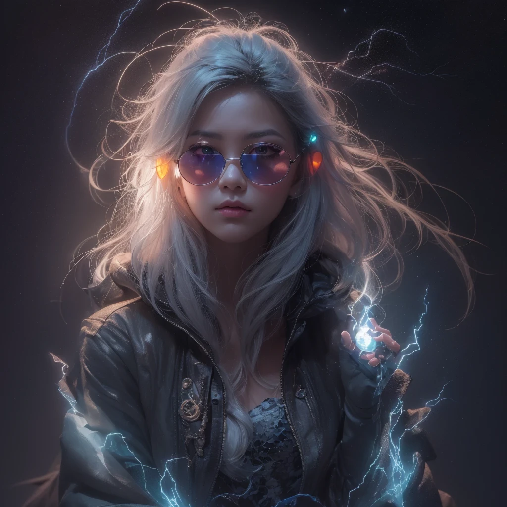 Asian fairy wearing silk hooded and glowing gloves，Lateral face，A collarless coat，Lightning hands，sunglasses，Cyberpunk smoke，（（（nmasterpiece））），（（（Side view））（Ultra-detailded）（illustration）（Detailed lighting）（（Telephoto Tilt-Shift））（nmasterpiece）（sunny day background）（Ultra-detailded）（photorealestic），（Detailed light），（（an extremely delicate and beautiful one），（（faerie）），（（lightning in hand）），Lightning surrounds the fairy，（（lightning chain）），Suspended crystals，There is lightning inside the crystal，