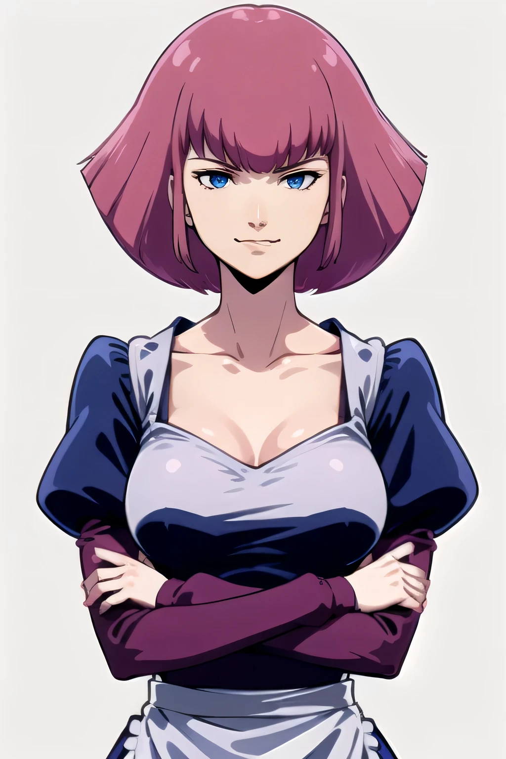 masterpiece, high quality, alone, Look Down, Low angle shot of Haman_Khan,1 female, Shyness, Pink Hair, short hair, Side Lock, bangs, eyebrow, blue eyes, clavicle, Maid clothes, Puff sleeves, Long sleeve, Juliet Sleeve, Upper Body, Are standing, (Arms crossed:1.2), Stylish pose, White Background, A kind smile