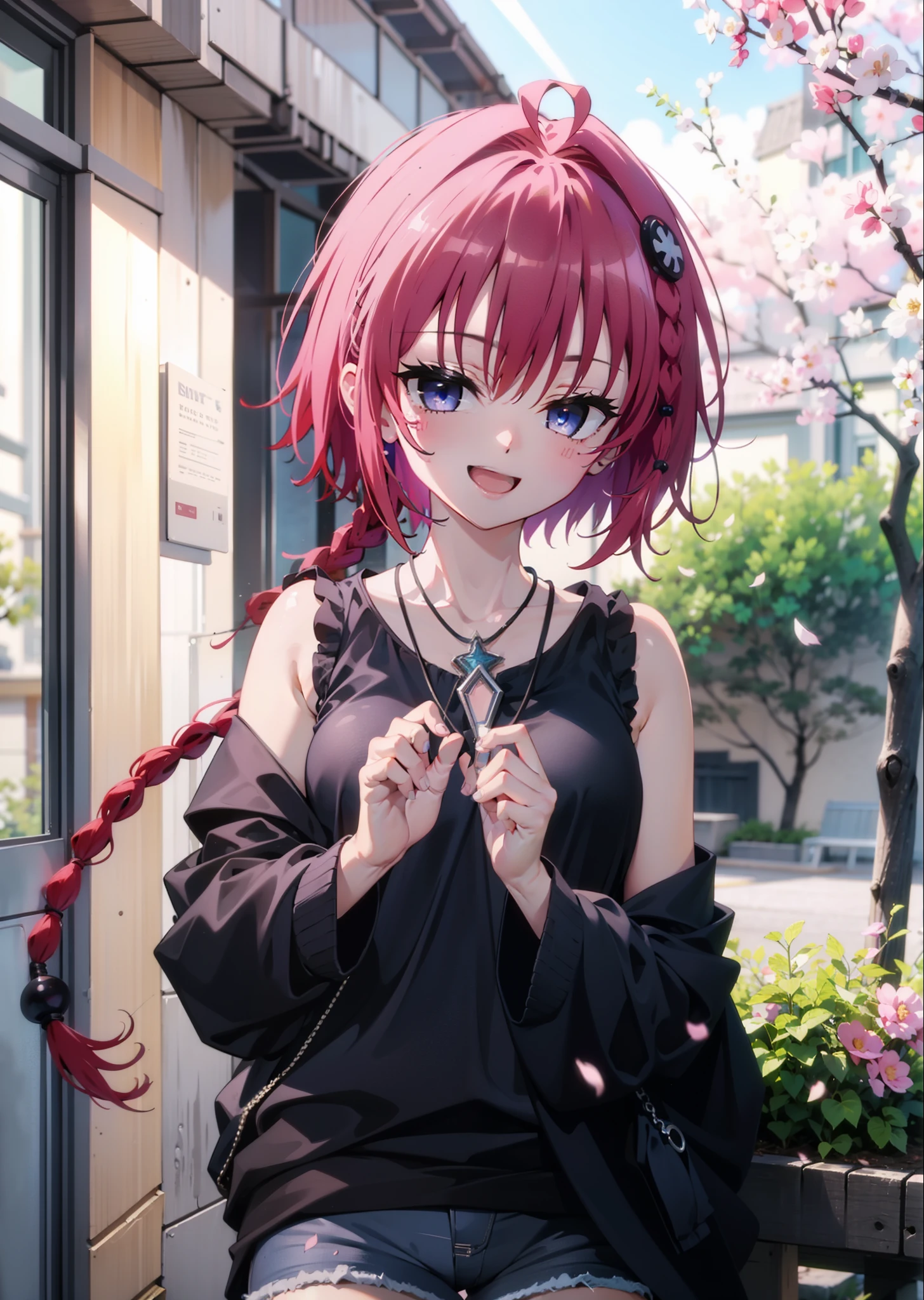 (masterpiece, highest quality:1.2),shape,8k,hd,kurosaki mea,Cowboy Shot,So that the whole body goes into the illustration,1 girl,happy smile, smile, Open your mouth,red hair long hair,Long braids all over the body,Upper Body,(Portraiture:1.2),hair ornaments,smile,Purple eyes,Medium chest,Black sleeveless dress,Bare arms,,Star-shaped necklace,Short denim pants,White pantyhose,short boots,garden,Cherry blossoms are blooming,Cherry blossoms are scattered,Cherry blossom tree-lined path,Clear skies,Daytime, (Cowboy Shot:1. 5),(masterpiece:1.2), highest quality, High resolution, unity 8k wallpaper, (shape:0.8), (Beautiful and detailed:1.6), Highly detailed face, Perfect lighting, Highly detailed CG, (Perfect hands, Perfect Anatomy),