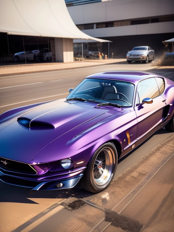 DIAGONAL CAMERA and far, imagem inteira de Uma linda garota de 18 anos dirigindo dentro de um mustang fastback  hot rod, COR roxo cromado METALICO reflexivo, METALLIC purple COLOR, Estilo Hotrod , estilo filme stalone cobra, a pintura reflete a luz do sol, reflexo do brilho da luz na pintura, tem roda cor roxa estrela, tem roda cor roxa estrela, rodas esportivas grossas e ridiculously largas e viradas, RODAS DOURADAS E POLIDAS, tem rodas douradas, ridiculously lowered front suspension, dentro de uma garagem com paredes brancas, imagem em pose diagonal, obra prima, imagem inteira diagonal do carro todo na diagonal