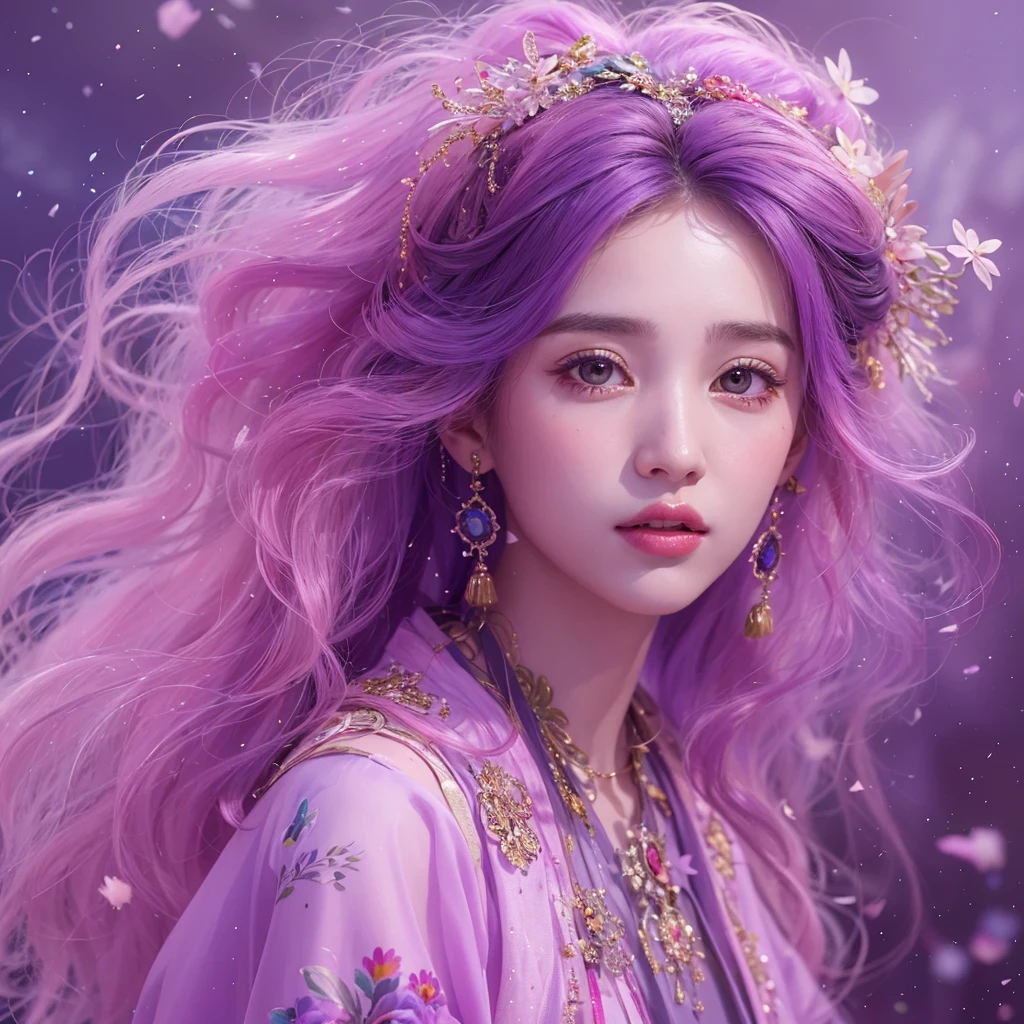 （（（Single eyelid）））Snow hoop exclusion area 32K（tmasterpiece，k hd，hyper HD，32K）Long flowing purple-pink hair，Autumn Pond，zydink， a color， Tongzhou people （Girl with glowing eyes）， （Thin silk scarf）， Side squat position， looking at the ground， long whitr hair， Floating hair， Python headdress， Chinese long-sleeved clothing， （abstract ink splash：1.2）， white backgrounid，Lotus protector（realisticlying：1.4），Purple-pink hair，Snowflakes fluttering，The background is pure， A high resolution， the detail， RAW photogr， Sharp Re， Nikon D850 Film Stock Photo by Jefferies Lee 4 Kodak Portra 400 Camera F1.6 shots, Rich colors, ultra-realistic vivid textures, Dramatic lighting, Unreal Engine Art Station Trend, cinestir 800，Long flowing purple-pink hair，((masterpiece)). This artwork is sweet, dreamy and ethereal, with soft pink watercolor hues and candy accents. Generate a delicate and demure fae exploring a (bubblegum world with a wide variety of pastel shades). Her sweet face is extremely detailed and realistic with elegant features and a fierce expression, and looks like ((((naomi scott)))). Include mature features and stunning, highly realistic eyes. Her eyes are important and should be realistic, highly detailed, and beautiful. In high definition and detail, include lots of details like stars, galaxies, colorful bubbles, colorful petals, and lots of energy and emotion! The stars and colorful bubblegum bubbles are important! Include fantasy details, enhanced details, iridescence, colorful glittering wind, and pollen. Pay special attention to her face and make sure it is beautifully and realistically detailed. The image should be dreamy and ethereal.8k, intricate, elegant, highly detailed, majestic, digital photography