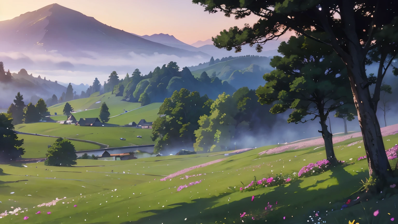 (highest quality、High resolution、masterpiece)、(Anime Art 4k)、(Photorealistic)、((Beautiful landscape photography))、((There is no one))、Cinema Lighting、Ray Tracing、Soft Light、Celtic landscape on a misty morning、Create a magical scene in a misty meadow on a calm morning、Draw delicate and blurry brushwork、place々flowers bloom、(Sargent-style watercolor)、(Edmund Leighton Style)、