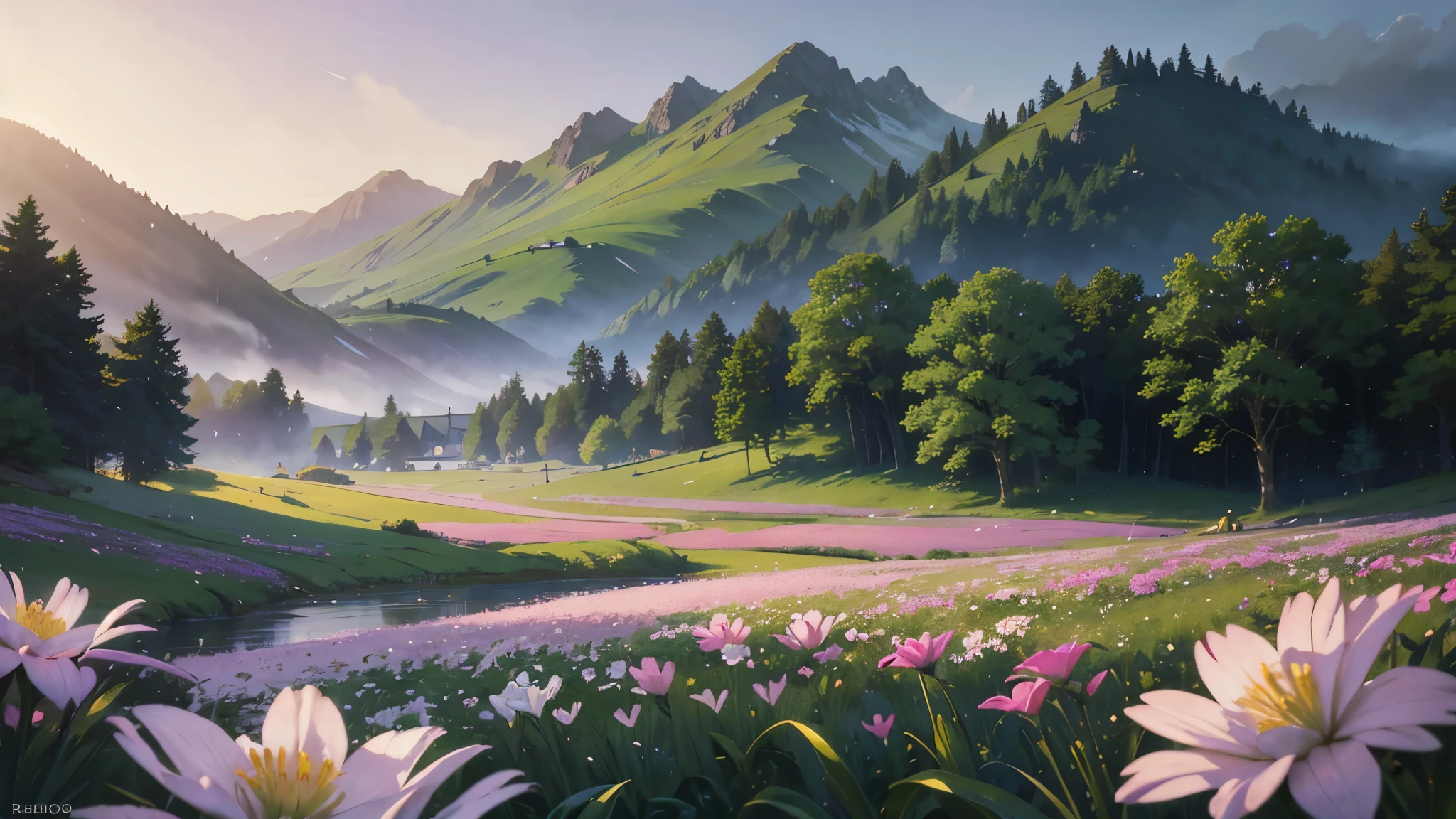 (highest quality、High resolution、masterpiece)、(Anime Art 4k)、(Photorealistic)、((Beautiful landscape photography))、((There is no one))、Cinema Lighting、Ray Tracing、Soft Light、Celtic landscape on a misty morning、Create a magical scene in a misty meadow on a calm morning、Draw delicate and blurry brushwork、place々flowers bloom、(Sargent-style watercolor)、(Edmund Leighton Style)、