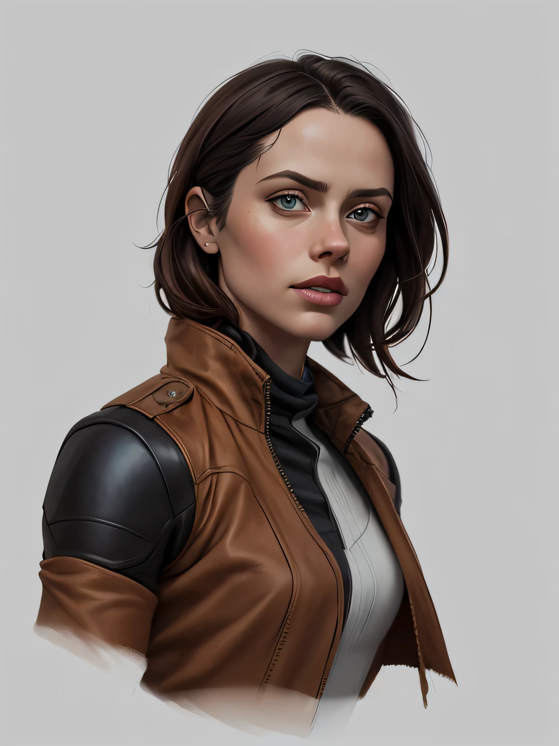 Jyn Erso , white background , realistic character style , realistic art 