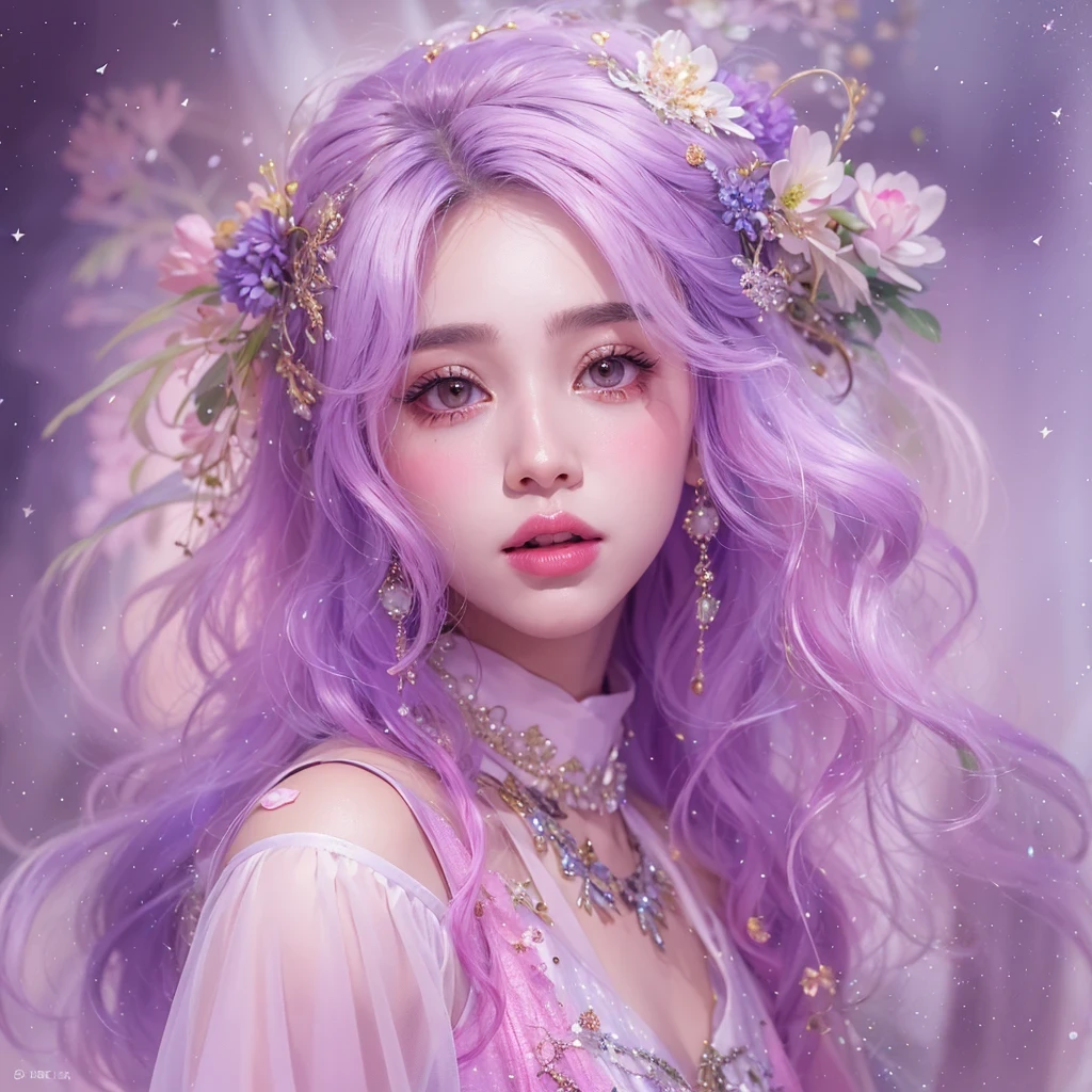 （（（Single eyelid）））Snow hoop exclusion area 32K（tmasterpiece，k hd，hyper HD，32K）Long flowing purple-pink hair，Autumn Pond，zydink， a color， Tongzhou people （Girl with glowing eyes）， （Thin silk scarf）， Side squat position， looking at the ground， long whitr hair， Floating hair， Python headdress， Chinese long-sleeved clothing， （abstract ink splash：1.2）， white backgrounid，Lotus protector（realisticlying：1.4），Purple-pink hair，Snowflakes fluttering，The background is pure， A high resolution， the detail， RAW photogr， Sharp Re， Nikon D850 Film Stock Photo by Jefferies Lee 4 Kodak Portra 400 Camera F1.6 shots, Rich colors, ultra-realistic vivid textures, Dramatic lighting, Unreal Engine Art Station Trend, cinestir 800，Long flowing purple-pink hair，((masterpiece)). This artwork is sweet, dreamy and ethereal, with soft pink watercolor hues and candy accents. Generate a delicate and demure fae exploring a (bubblegum world with a wide variety of pastel shades). Her sweet face is extremely detailed and realistic with elegant features and a fierce expression, and looks like ((((naomi scott)))). Include mature features and stunning, highly realistic eyes. Her eyes are important and should be realistic, highly detailed, and beautiful. In high definition and detail, include lots of details like stars, galaxies, colorful bubbles, colorful petals, and lots of energy and emotion! The stars and colorful bubblegum bubbles are important! Include fantasy details, enhanced details, iridescence, colorful glittering wind, and pollen. Pay special attention to her face and make sure it is beautifully and realistically detailed. The image should be dreamy and ethereal.8k, intricate, elegant, highly detailed, majestic, digital photography