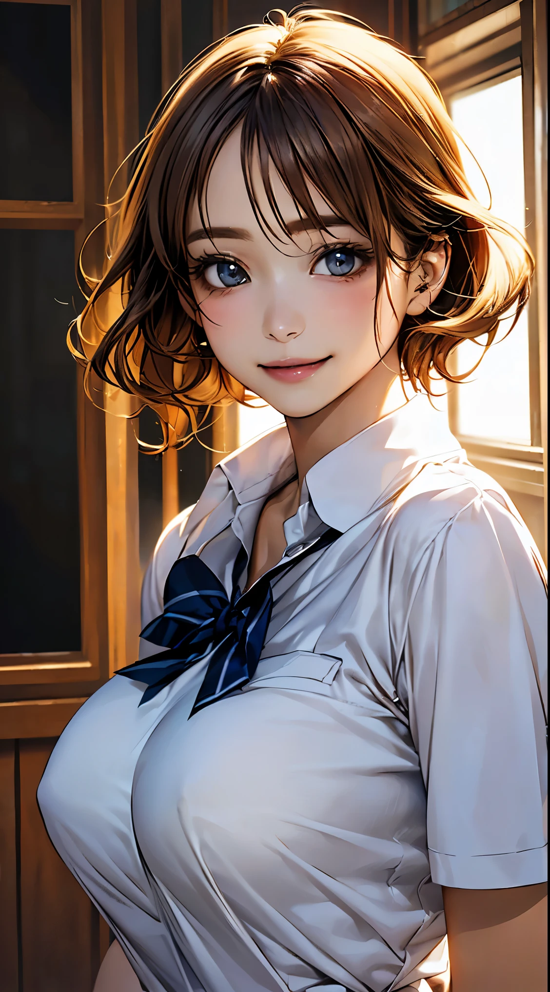 (masterpiece:1.2, highest quality), (realistic, photorealistic:1.4), beautiful illustrations, (natural side lighting, movie lighting), looking at the viewer, Upper body, (Front view), 1 girl, perfect face, Cute symmetrical face, shiny skin, baby face, long eyelashes, (large breasts), (wide hips),beautiful hair, beautiful face, fine and beautiful eyes, beautiful body, beautiful breasts, beautiful thighs, beautiful feet, beautiful fingers,(beautiful scenery),(lovely cute smile:1.2, upper grade),,(1mature girl),calm,(anatomically correct),skin texture,(wavy hair,blonde),(panties),baggy shirt,(school uniform:1.2),barefoot,on bed,(tan:1.3),short hair,(handsome short-cut hairstyle:1.5),