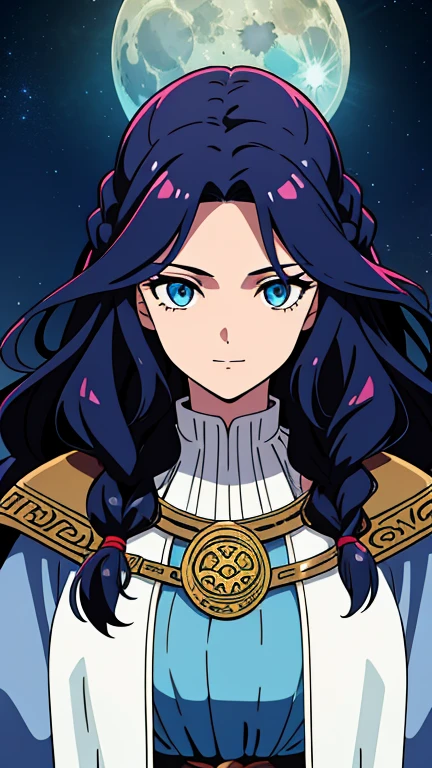 (high-quality, breathtaking),(expressive eyes, perfect face) 1girl, female, teenager, solo, long length hair, red and blue hair color, multicolored hair, white streaks in hair, blue highlights hair, glowing hair, unkept hair, blue red eyes, positive expression, soft smile, cloak, shirt, Moon, space background, upper body, magic, elegant, fluffy wavy hair, age 18, Greek Clothing, portrait, adventurers attire, fantasy mage clothing, beautiful hair, lightly tanned skin, God of Forge and Beasts, beautiful hairstyle, bang braid
