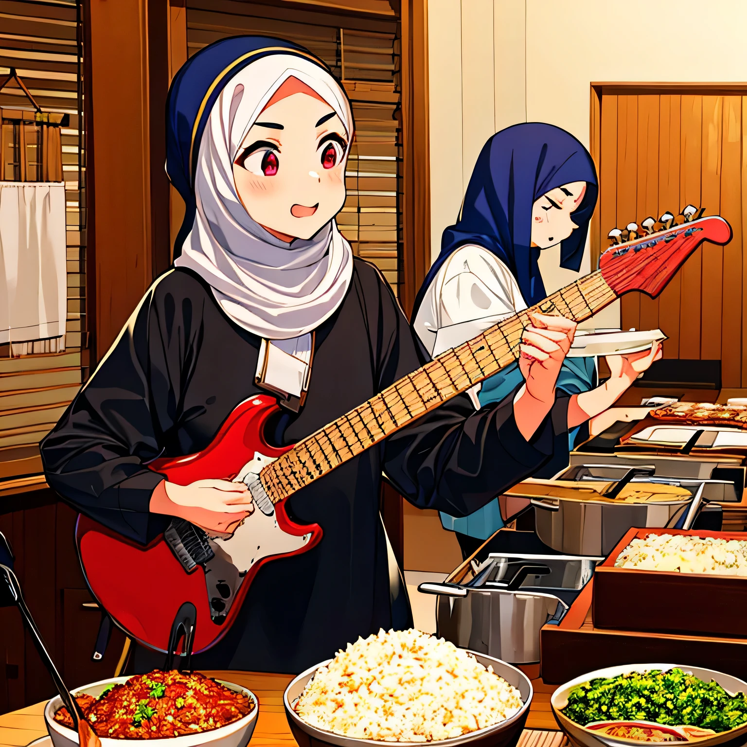 havoc, cooking fried rice, 20+ years old 5 malaysian full hijab girls cooking together, playing electric guitar, clumsy, funny, malaysian, angry, cute, long sleeves, smug face